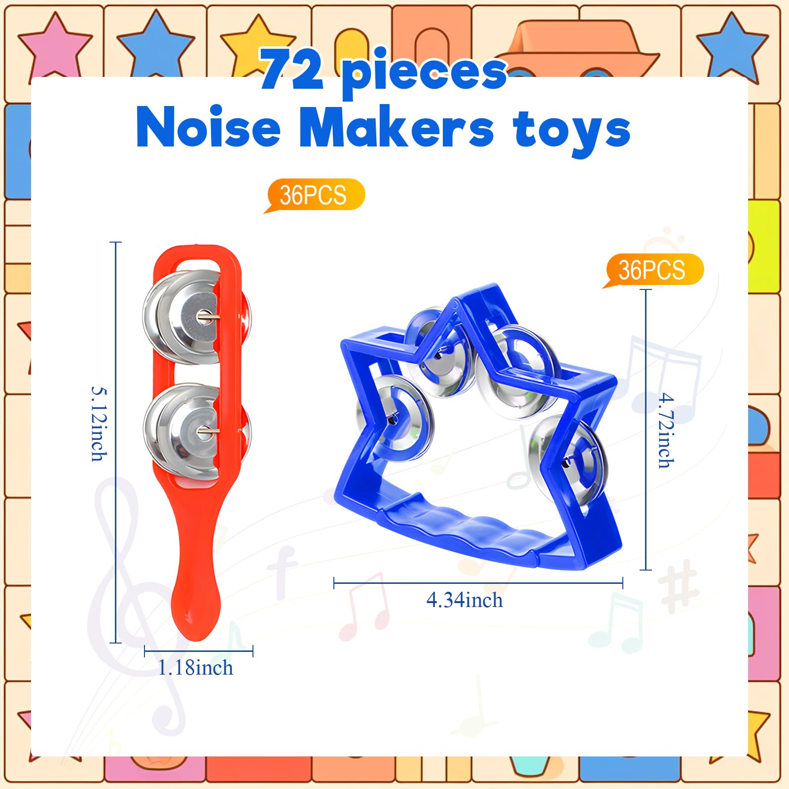 Lukmaa 72 Pcs Mini Tambourines Hand Bells Bulk, 36 Colorful Plastic Tambourines 36 Cymbals Noise Maker for Music Class, Sunday School, Early Learning, Party, Preschool, Gift, Fun Instrument(Star)
