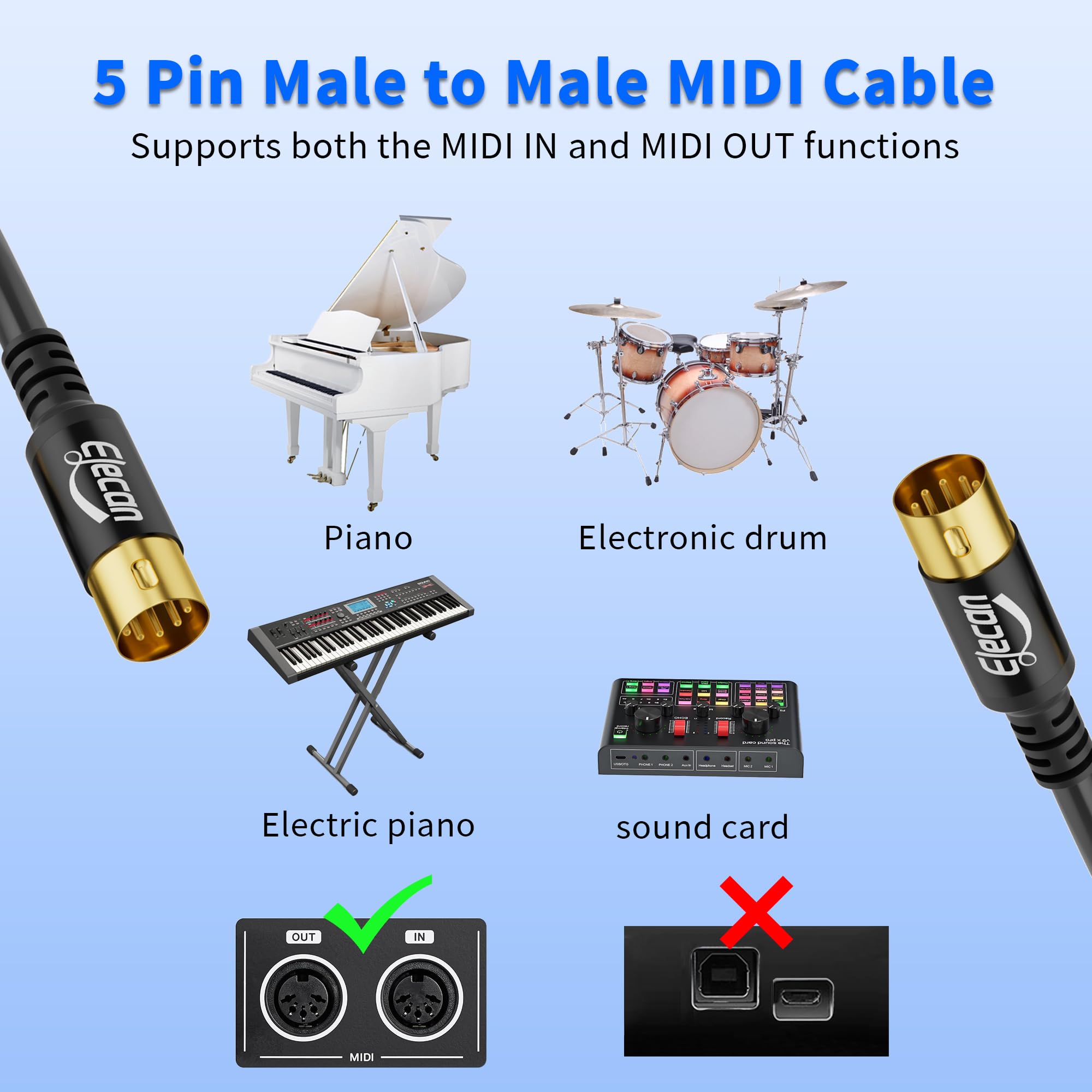 Elecan 5 Pin DIN MIDI Cable 6 Ft, Premium Male MIDI Audio Cord Instrument Cable, OFC, Shielded, Gold-Plated, Soft PVC for MIDI Keyboard, Synthesizer,Sampler,Electronic Piano, Drum & Music Gear+5 Ties