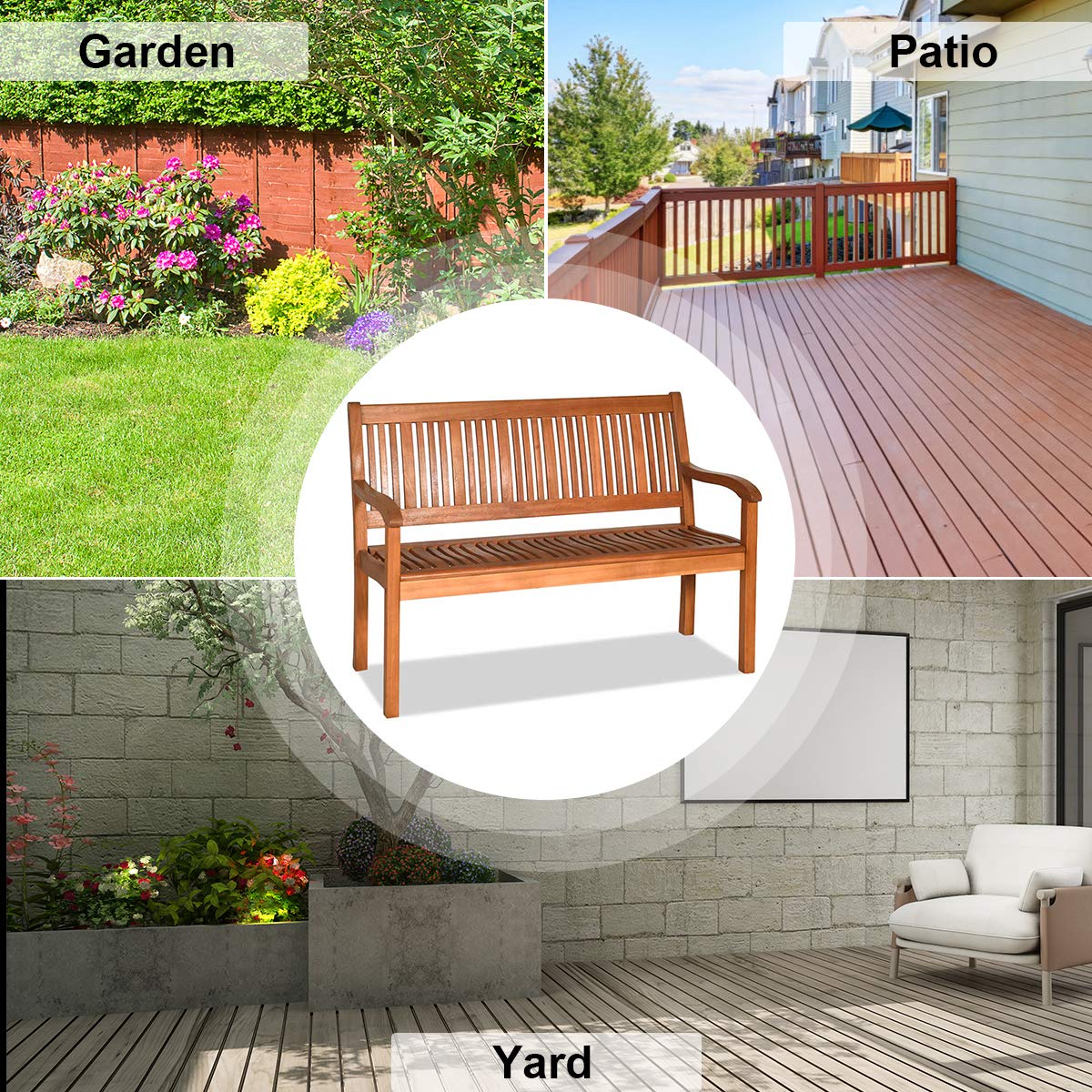 Tangkula Outdoor Wood Garden Bench, 50″ W Solid Wood Patio Park Bench with Dense Slatted Backrest & Seat, Curved Armrest, Large Wooden Loveseat Bench for Deck, Porch, Poolside, Yard & Balcony