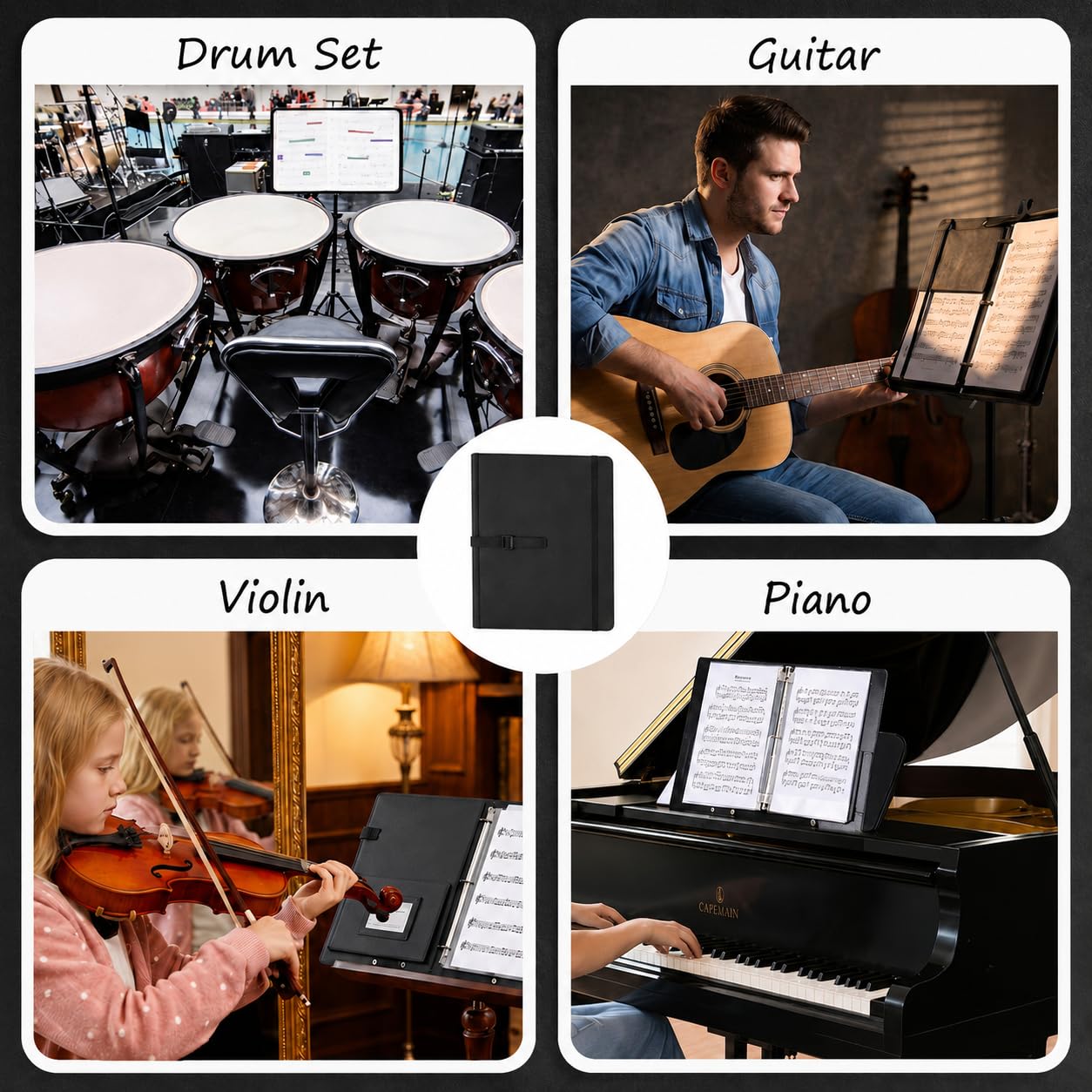 AllMyHomy Sheet Music Binder 3 Ring for Choir, Choral Music Folder with Hand Strap & Pockets, Organizes Letter Size 8.5″ x 11″ & A4 Sheets, Organizer for Performances,Concerts & Band, Black