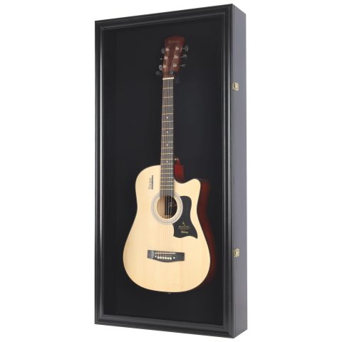 DisplayGifts 45″ Acoustic Guitar Display Case Cabinet Shadow Box with Guitar Hanger Stand, Lockable 98% UV Protection Black Felt Interior Black Finish Frame