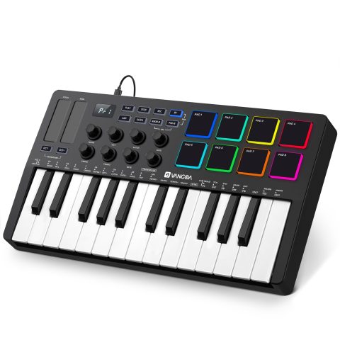 Vangoa 25 Keys Midi Keyboard Controller, Mini Portable Beat Maker Machine with Backlit Drum Pads, 8 Knoks, 8 RGB Beating Pad for Music Production, Velocity Sensitive, LED Display, Arpeggiator, Black