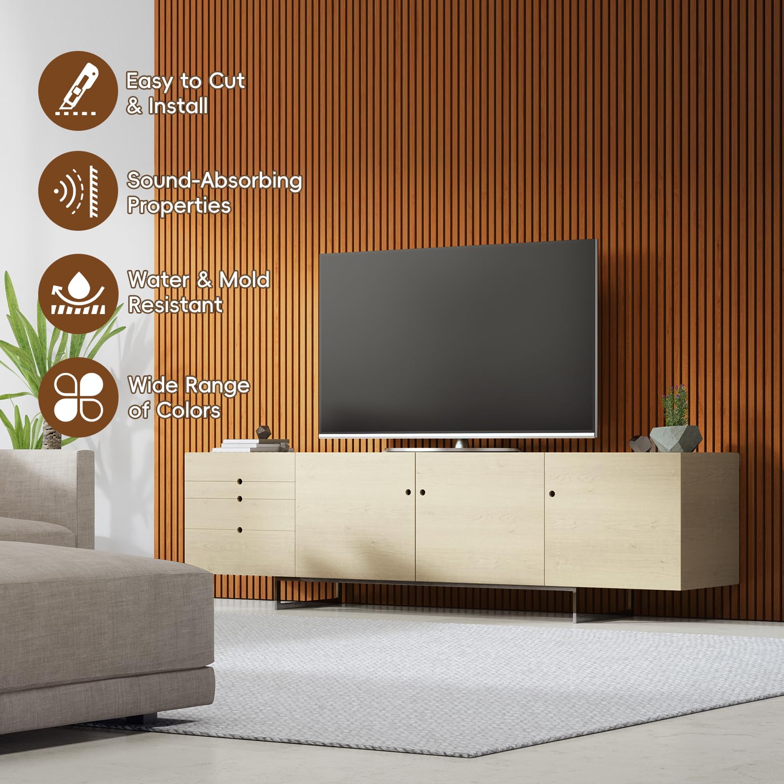 EVERECO 6 Pack Wood Slat Acoustic Wall Panels 92.5″ × 7.87″, 3D Sound Absorbing Wall Panels for Home Office Decoration (Luxury Teak)