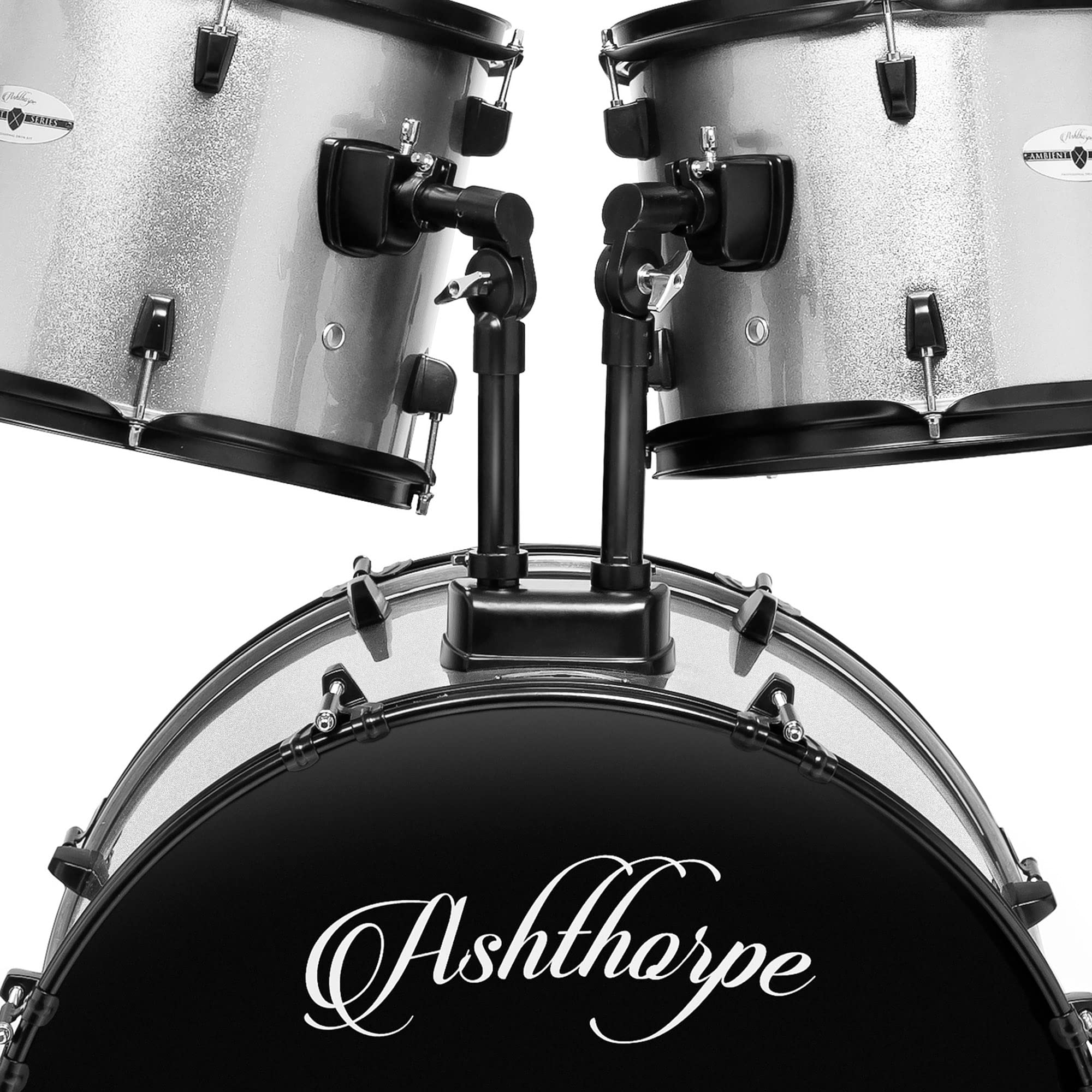 Ashthorpe 5-Piece Complete Full Size Adult Drum Set with Remo Batter Heads – Silver