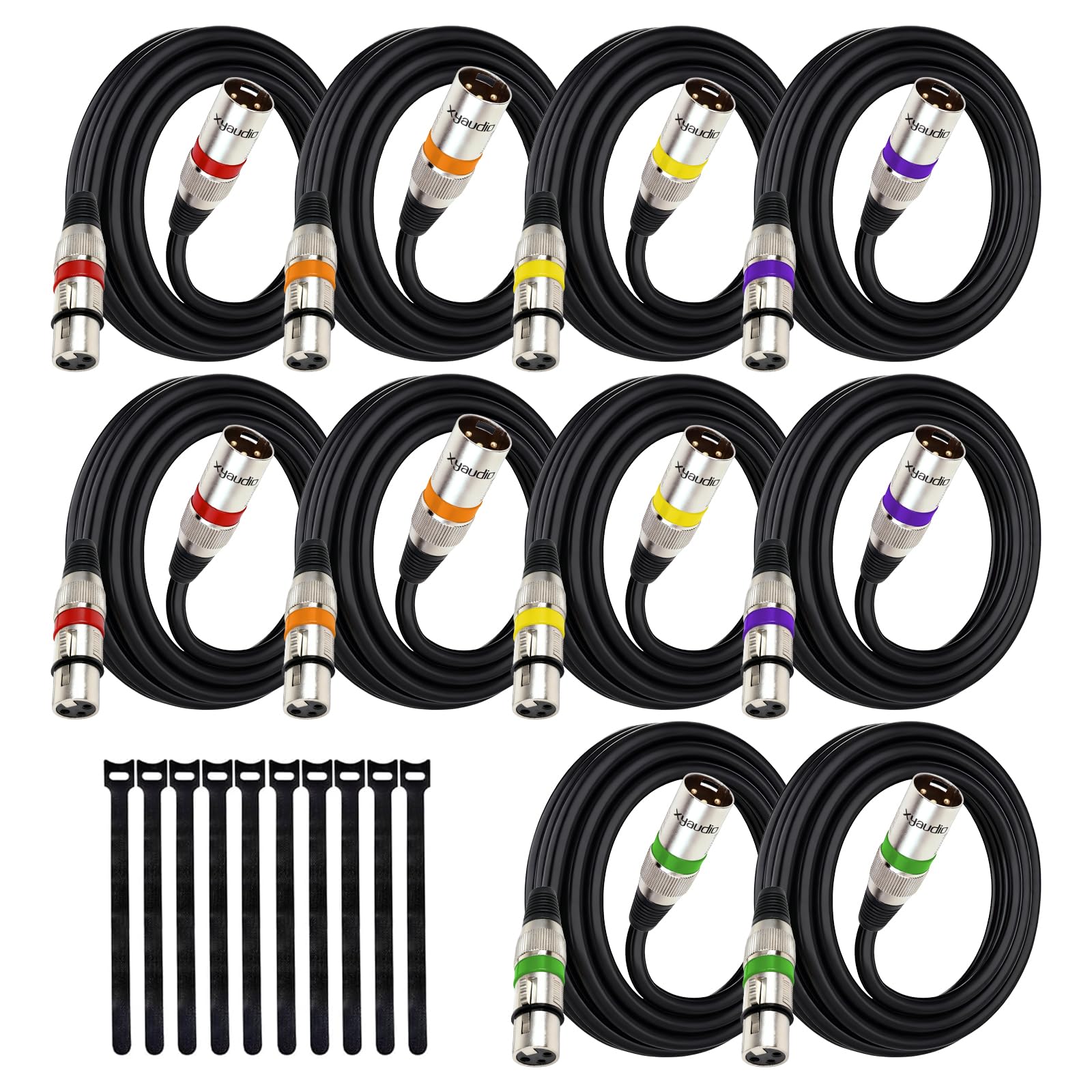xyaudio Balanced XLR Cable, 10ft 10 Packs, 3 Pin Male to Female Microphone Cable, XLR to XLR Mic Cable for Speaker or PA System, PVC Jacket