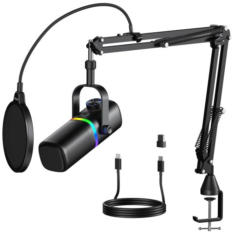 Aokeo AK-10 USB Gaming Microphone Wtih AK-35 Arm, Condenser Microphone for PC/MAC/PS4/PS5/Phone-Cardioid Mic with RGB Lighting