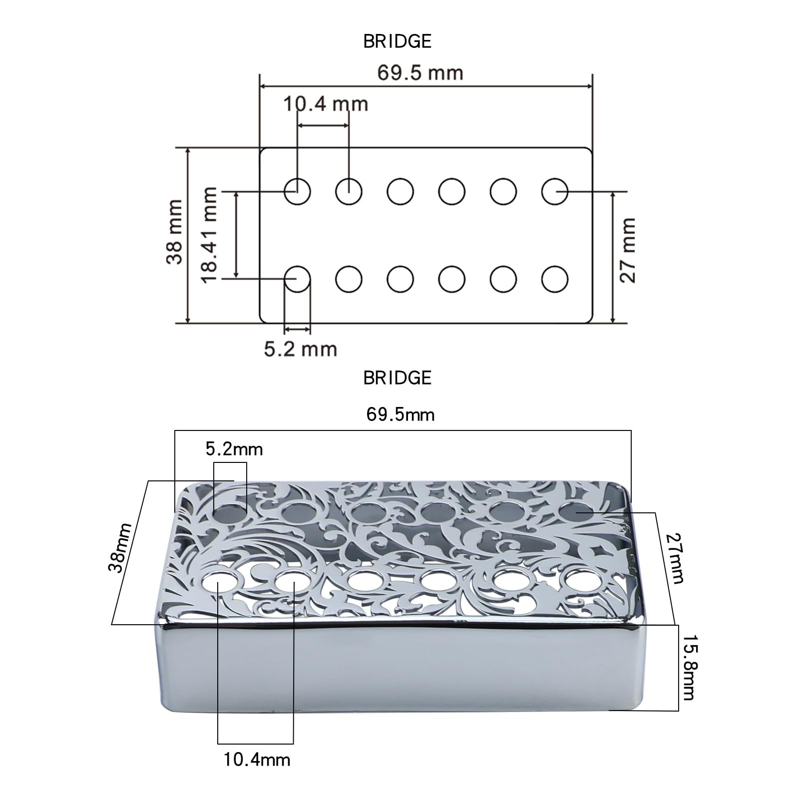 OVSAL Brass Electric Guitar Pickup Covers Chrome 52mm Pole Spcing 6 String Guitar Bridge Pickup Covers Humbucker Compatible with Les Paul Lp Electric Guitar Replacement Parts