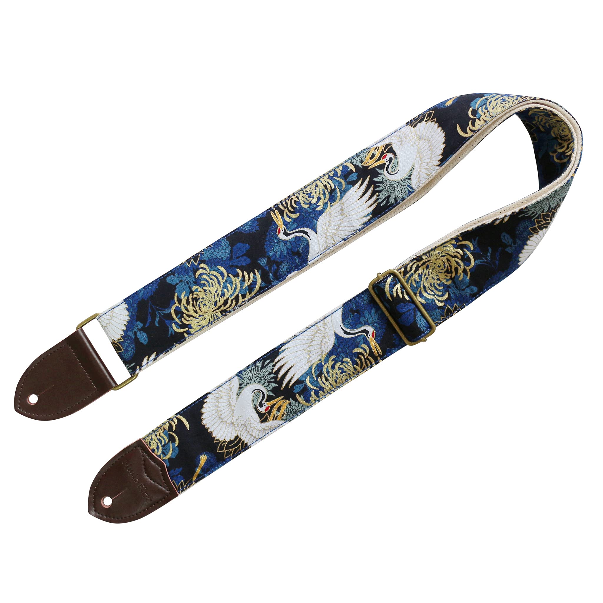 MUSIC FIRST Original Design, 2 inch width (5cm), Vintage Ukiyoe Style Chrysanthemum & Crane in Blue Electric Guitar Strap Bass Strap (Chrysanthemum & Crane in Blue)
