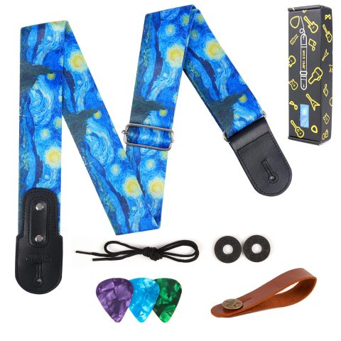 JIPIS Universal Strap for Bass,Electric & Acoustic Guitar with Creative Van Gogh Starry Sky Pattern, Include 3 Picks, 2 Locks,1 Headband Adjustable Guitar Strap for All Guitarists (GS-07 Starry sky)