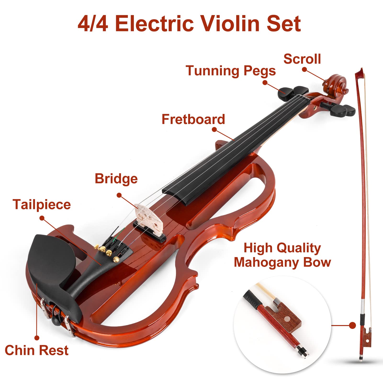 Vangoa Electric Violin 4/4 Full Size Silent Electronic Violin Fiddle, Red