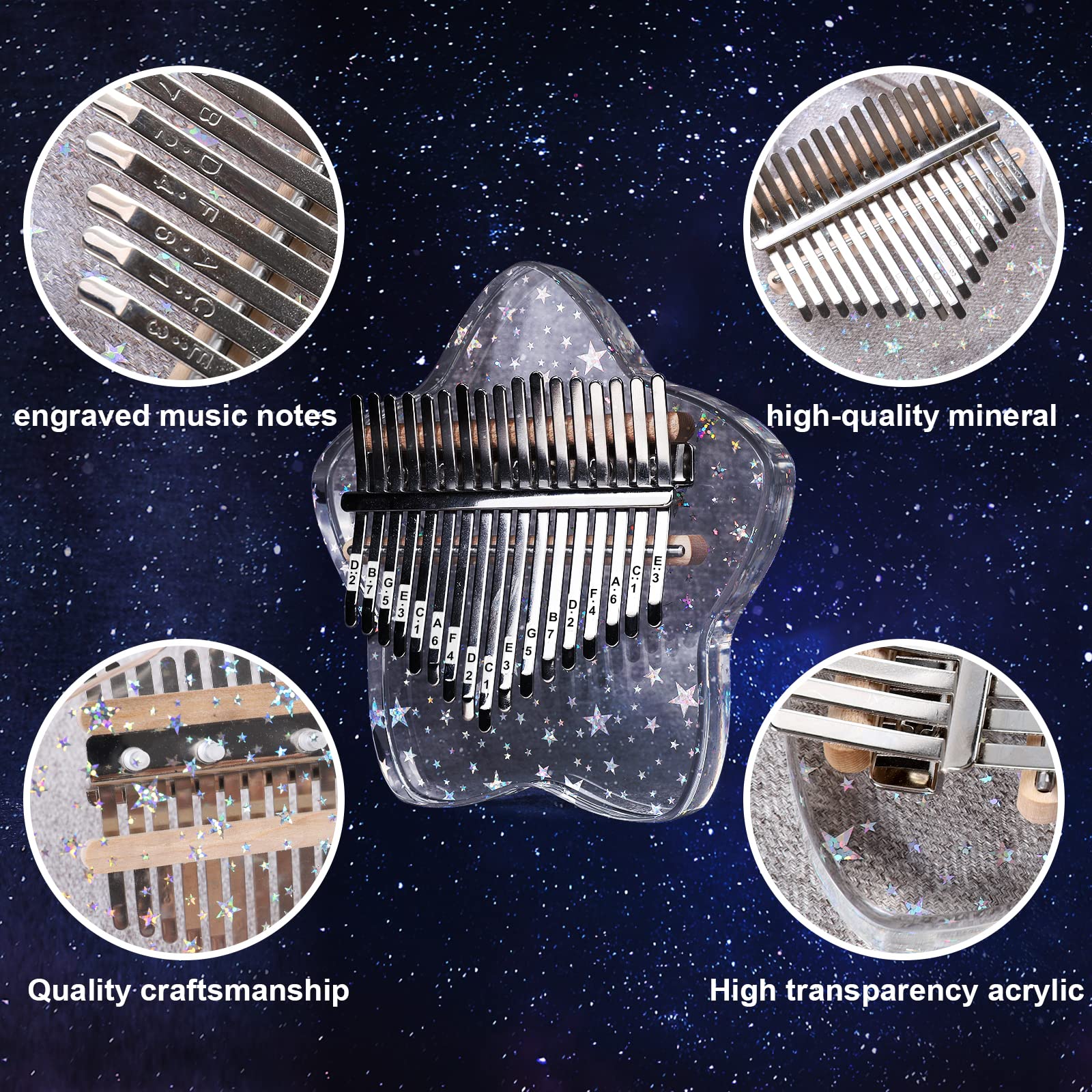 Beveetio Clear Kalimba Thumb Piano With Eva Protective Case, Transparent Crystal Kalimba 17 Key, Musical Instrument Gifts, Rainbow Star Finger Piano, Acrylic Mbira…