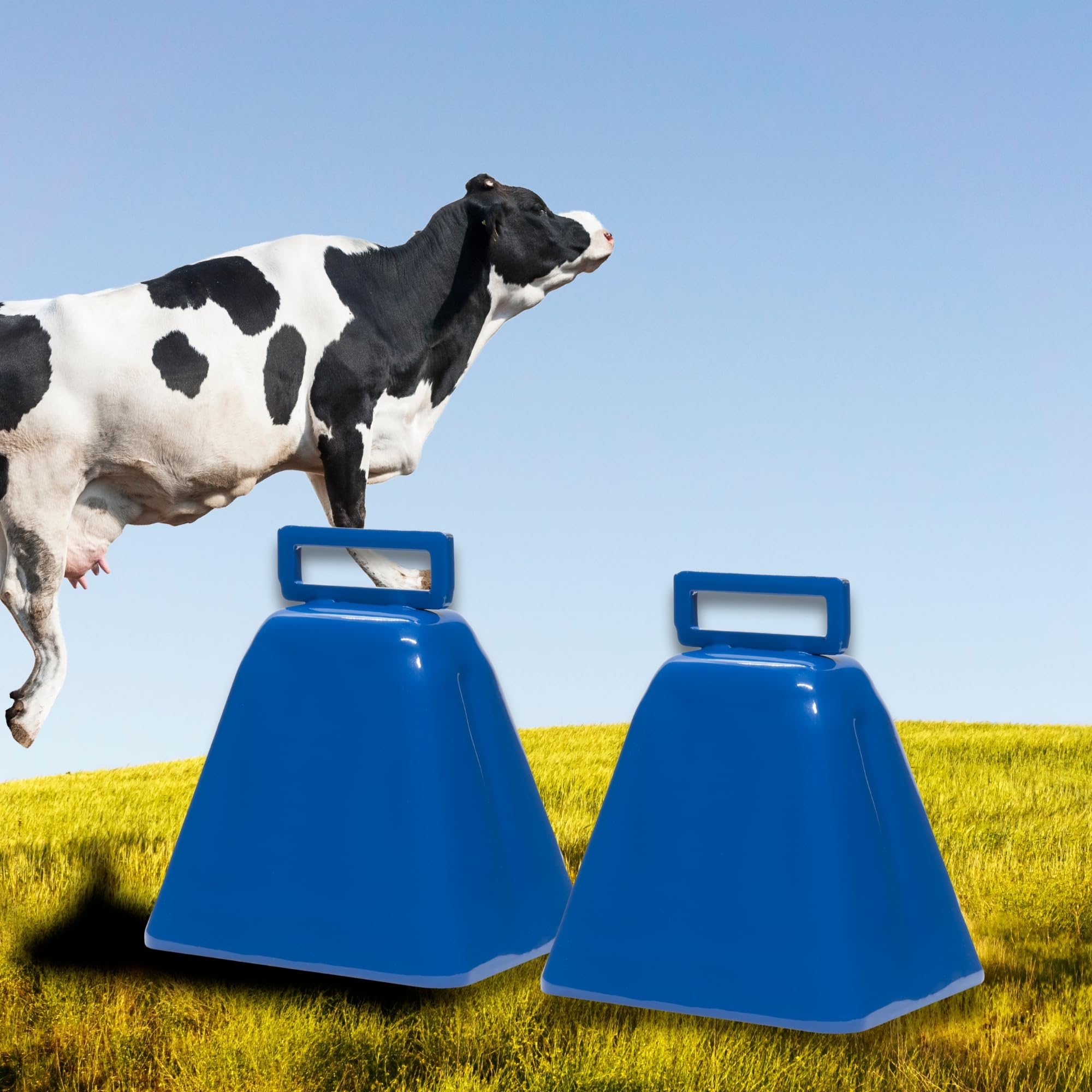 Bevin Bells Long Distance Cow Bells 10LD (Blue & Blue) | Christmas Bells | Made from Steel | Loud Noise Makers | w/White Strap Around The Handle | Easier to Hold | Made in CT, USA