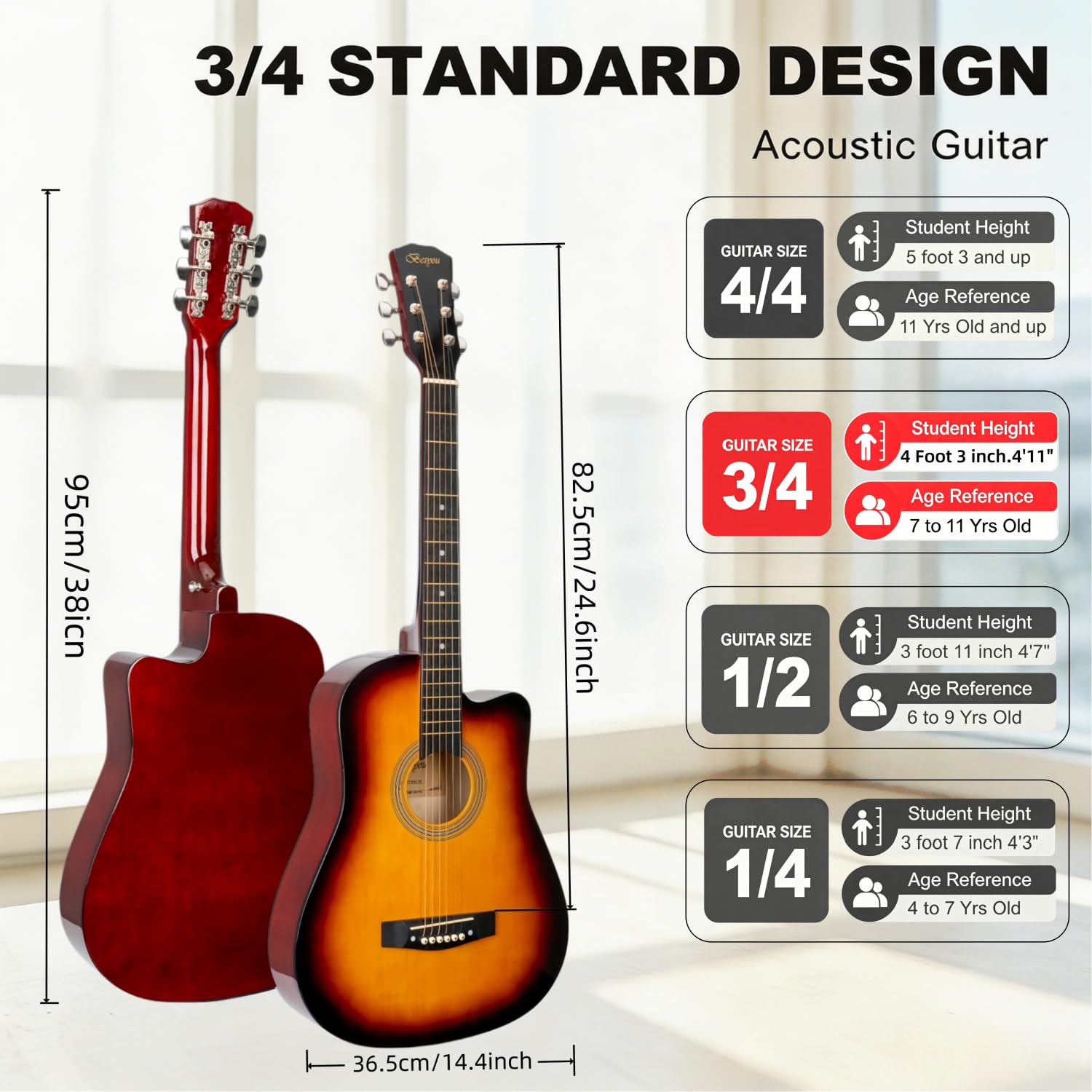 38 Inch Sunburst Acoustic Guitar Beginner Kits, 3/4 Cutaway Wood Acustica Guitarra for Beginners Adults with Online Lesson,Gig Bag,Picks,Steel Strings Strap with Picks Holder