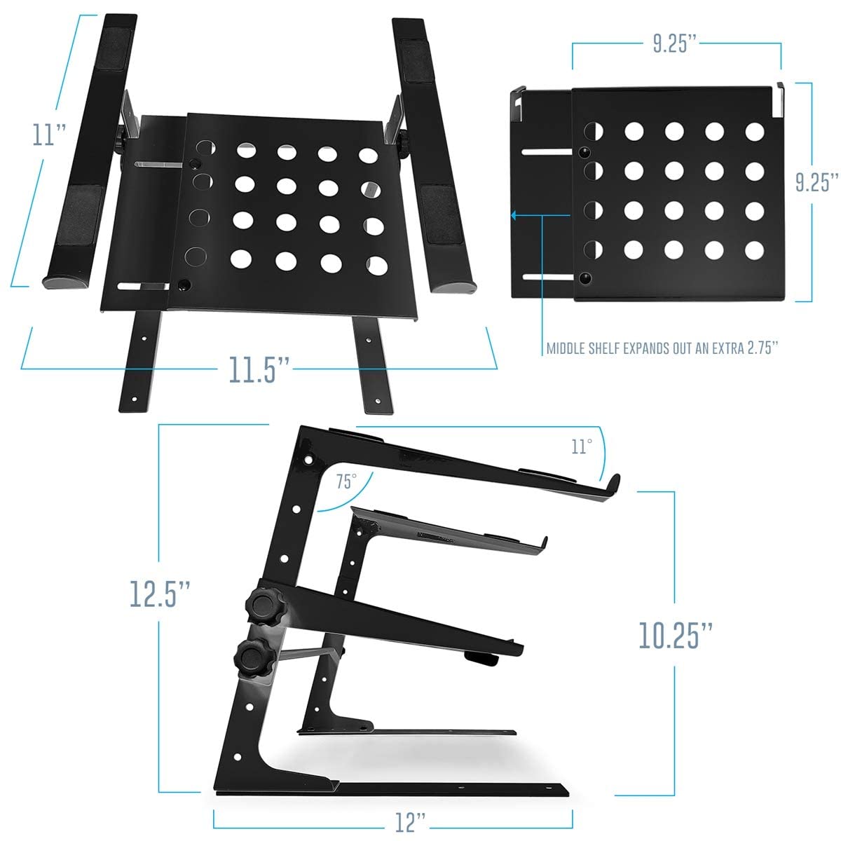 AxcessAbles Two-Tier Adjustable DJ Stand with Clamps | for DJ Controllers, Music Mixers, Laptops up to 20lbs.| DJ Controller Stand Compatible with DDJ-REV1, DDJ-FLX4 (LTS-03 Black)