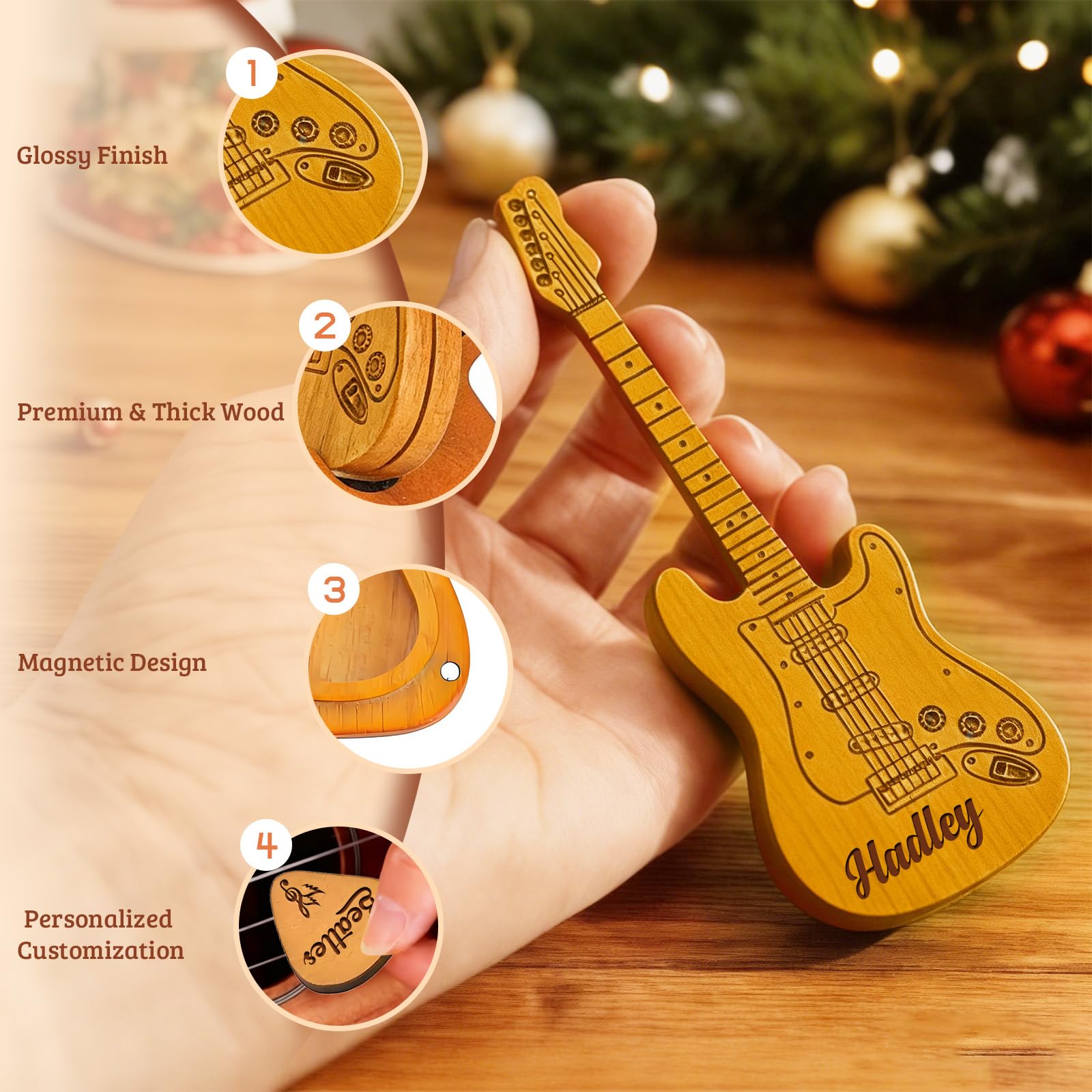 Personalized Wooden Guitar Pick Case with 3 Custom Picks
