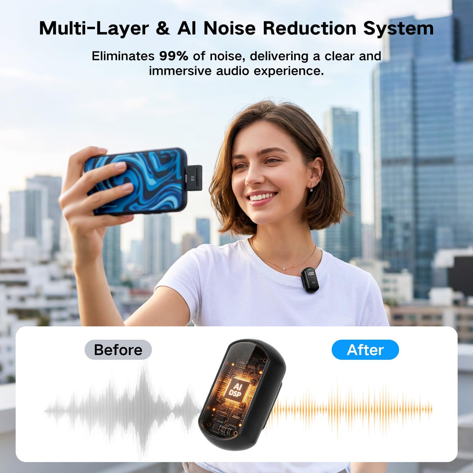 YUANRAN 4-in-1 Mini Wireless Lavalier Microphone & Desk Stand,Interview Handheld Microphone for iPhone/Android/Tablets,Mini Mic with Charging Case for Podcast,Streaming