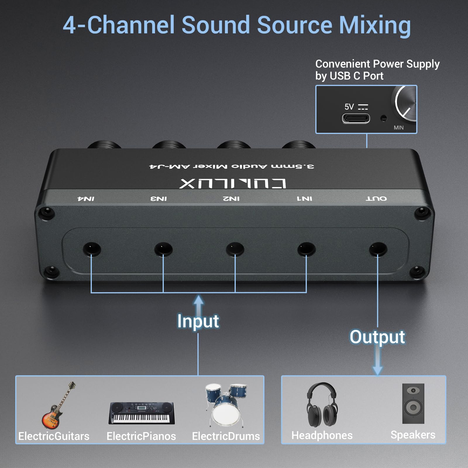 Cubilux 4-Channel 3.5mm Audio Mixer, Ultra-Low-Noise Mini Audio Mixer for Sub-Mixing, 1/8 TS/TRS Input, Stereo Switcher Suitable for Guitars, Bass, Keyboards