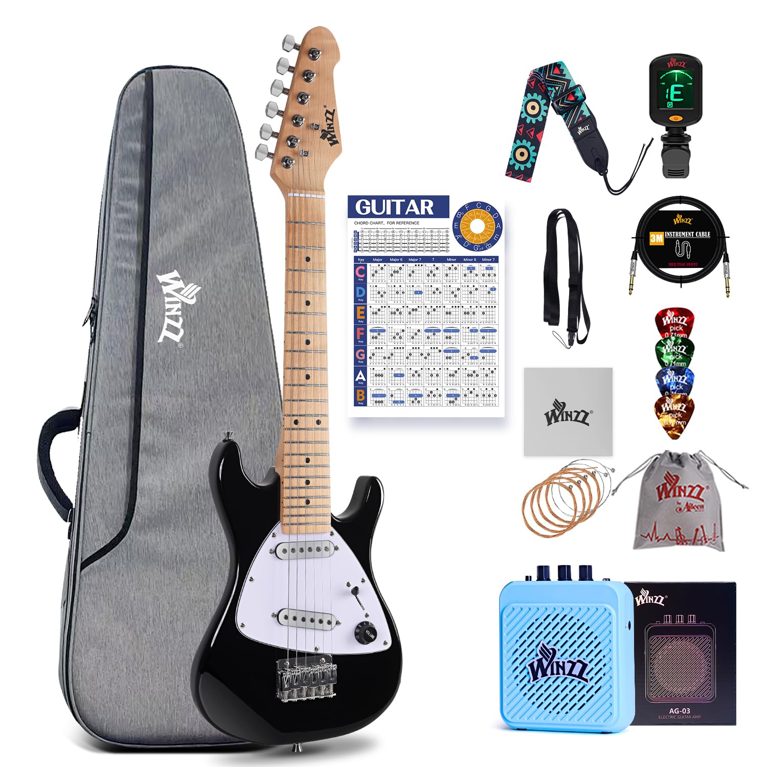 Winzz 30 Inch Kids Electric Guitar Beginner Kit, Junior 1/4 Size Mini Electric Guitar for Children Complete Stater Set with Amp, Gloosy Black Colour