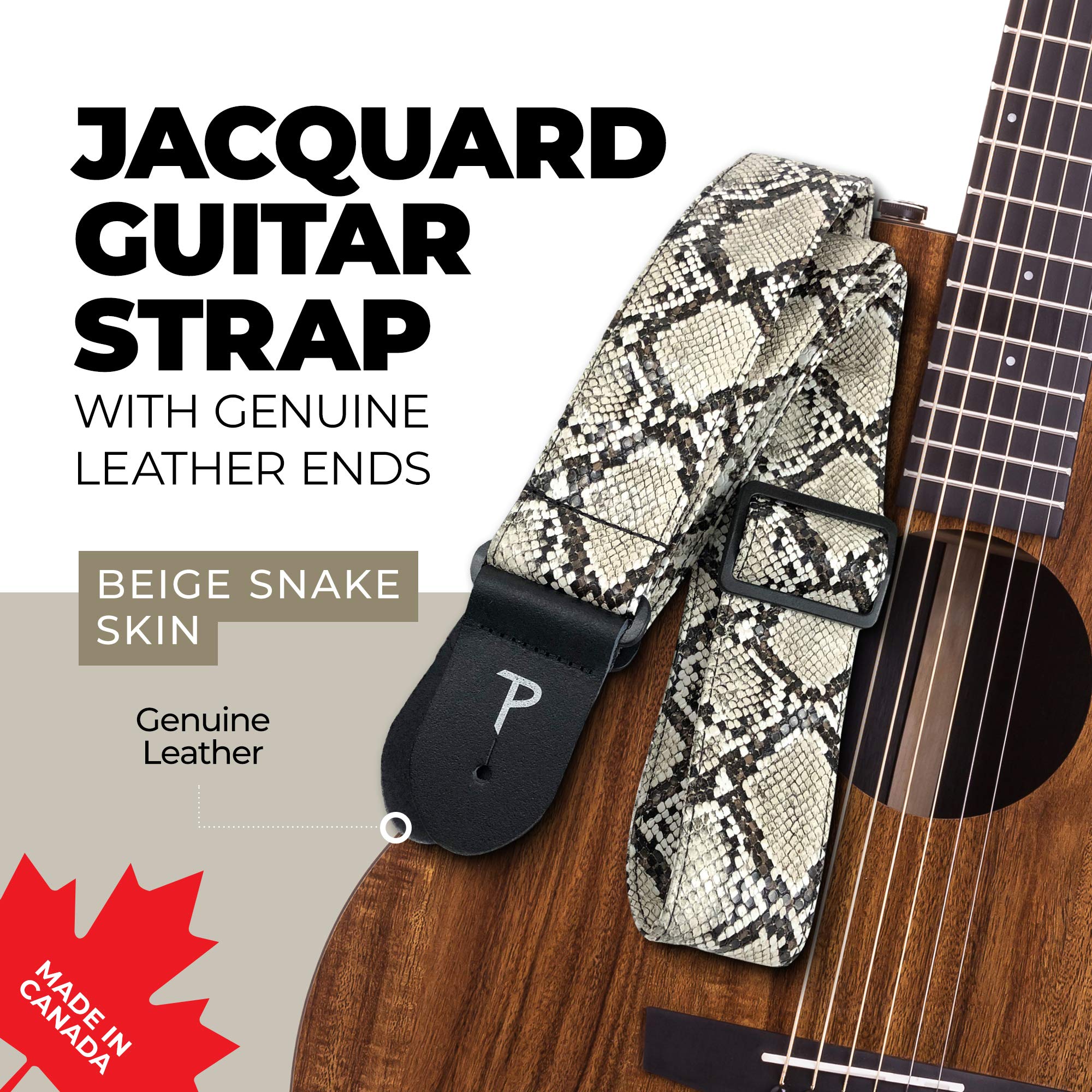 Perri’s Leathers Faux Snake Skin Guitar Straps, 39″ – 58″, Beige, Jacquard Patterned, Adjustable Length, Leather Ends, Non-Slip & Durable, Electric, Bass, Acoustic Guitar Strap