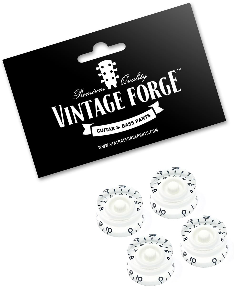 Vintage Forge White Speed Knobs Compatible with Epiphone Les Paul SG Electric Guitar (Set of 4) Fits 18 Coarse-Spline Import (Metric) Split Shaft Pots Recessed RS18M-WHT4