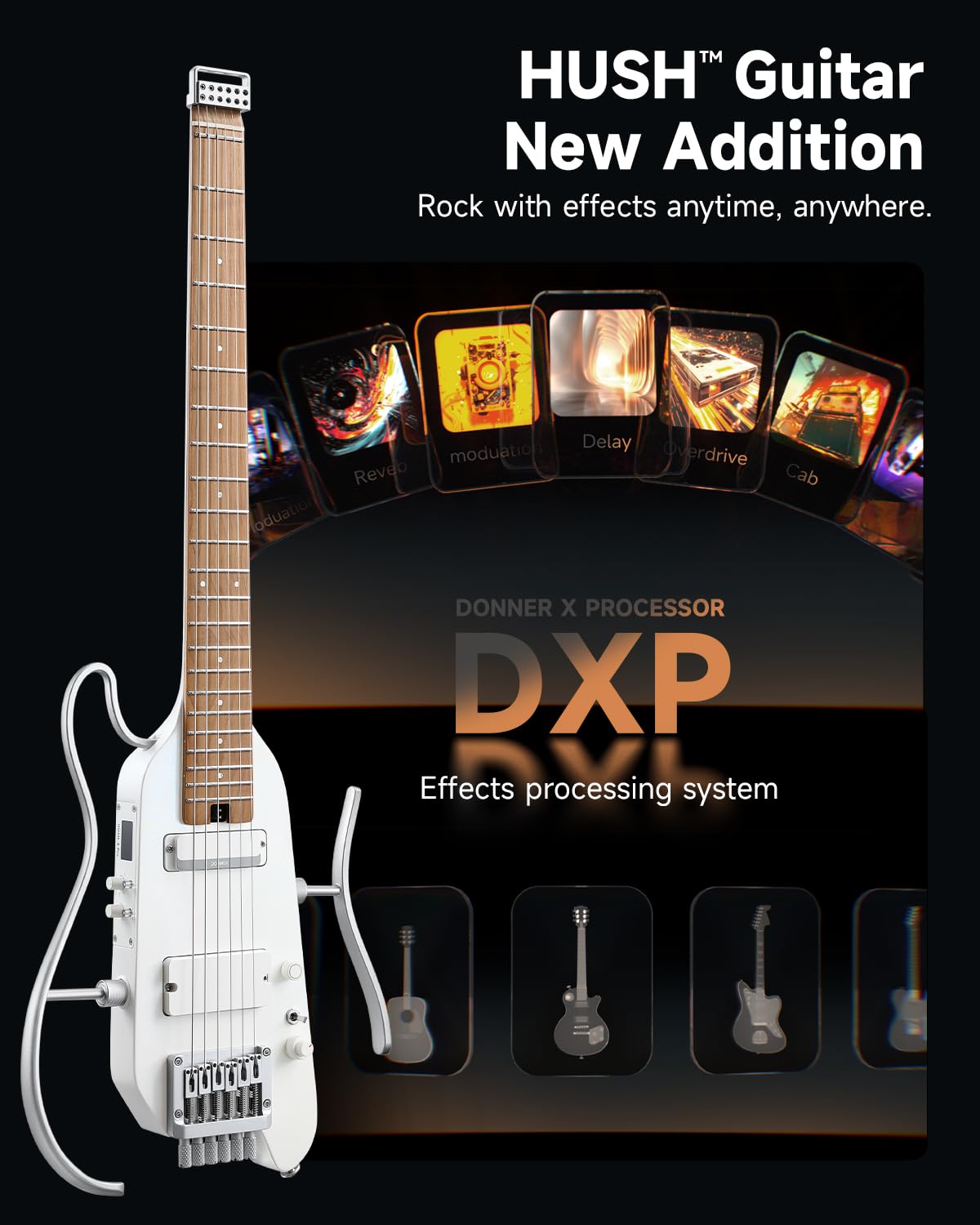 Donner HUSH X PRO Electric Guitar Kit – Smart Travel Guitar with Dozens of Preset Combinations, 7 Tone Sim Options, Metallic White
