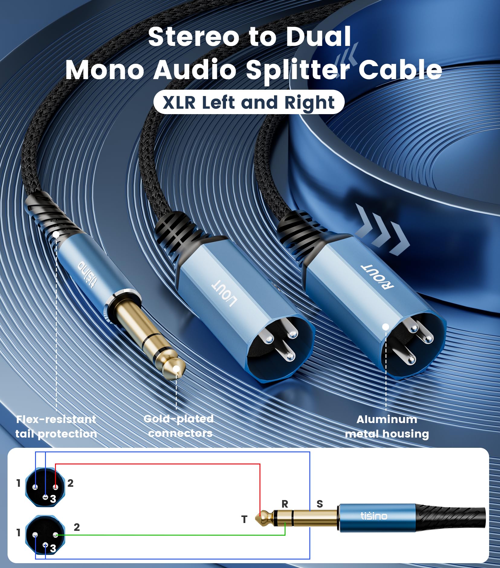 Tisino 1/4″ TRS to Dual XLR Male Stereo Y-Splitter Breakout Cable, 3.3FT
