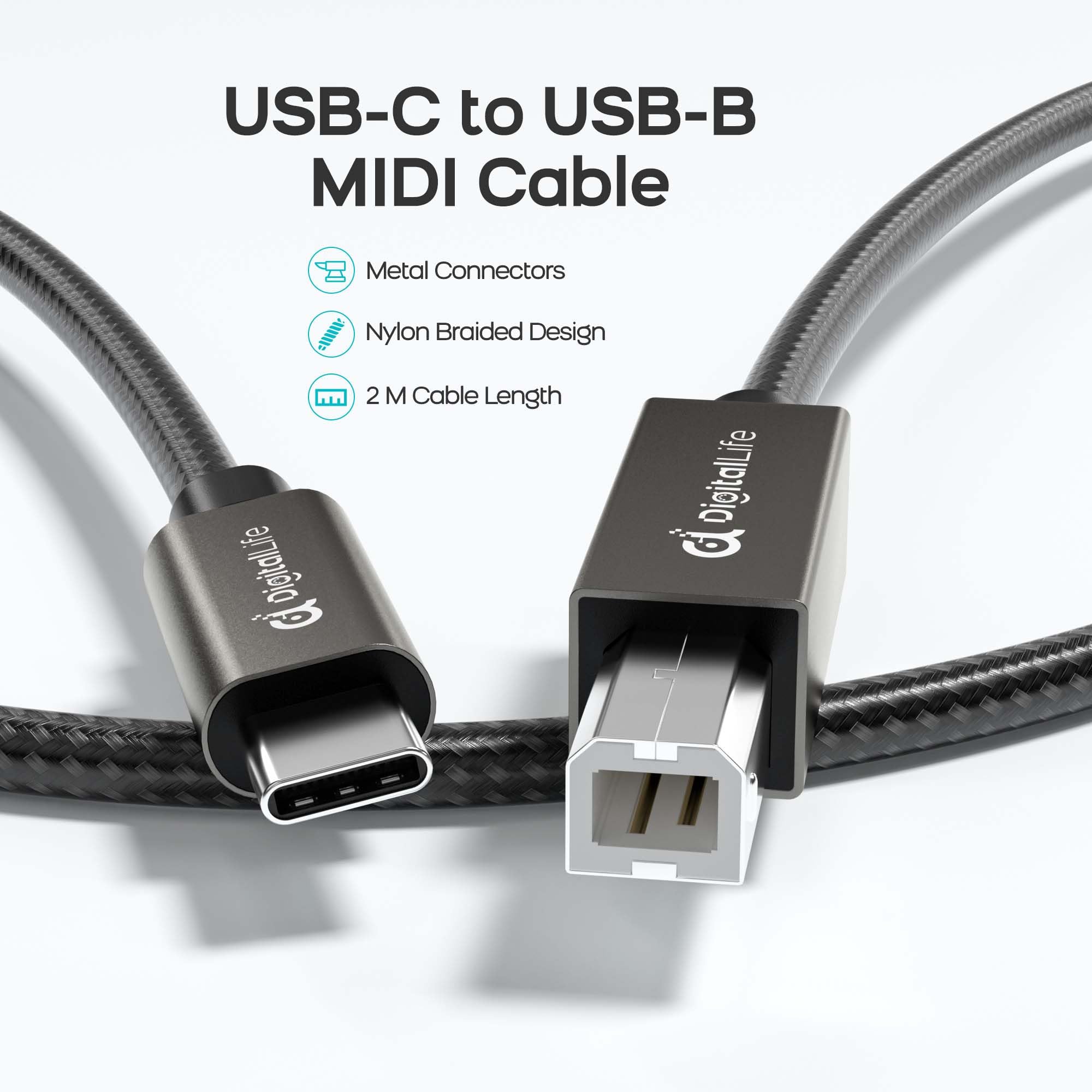 FlexMIDI Vortex USB C to USB B MIDI Cable 6.6ft with Metal Connector