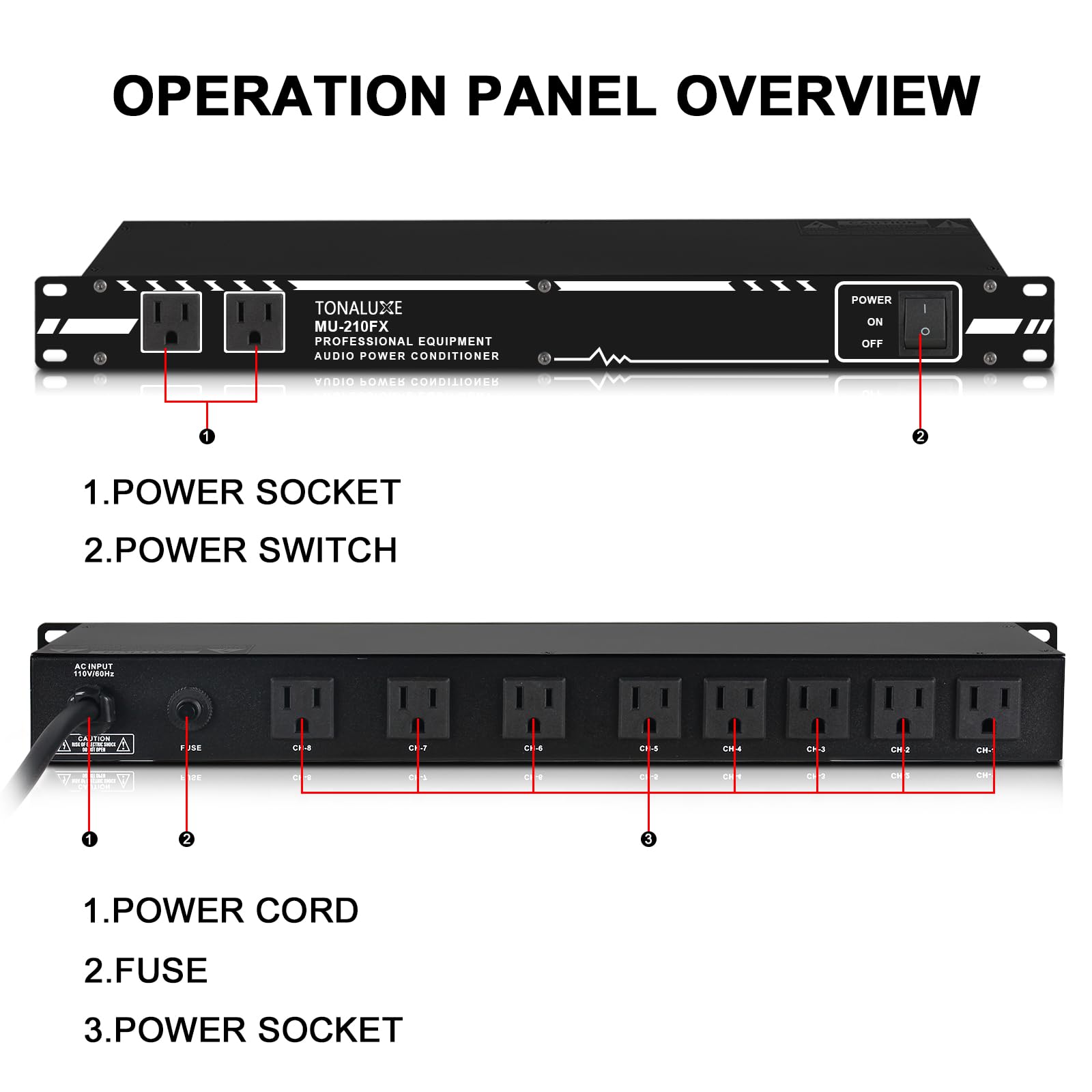 TONALUXE Power Conditioner for Audio Equipment, 10 Outlets 30A Rack Mount Audio Digital Pro Power Supply Controller Regulator for Home Theater Sound System Stage Studio (MU-210FX)