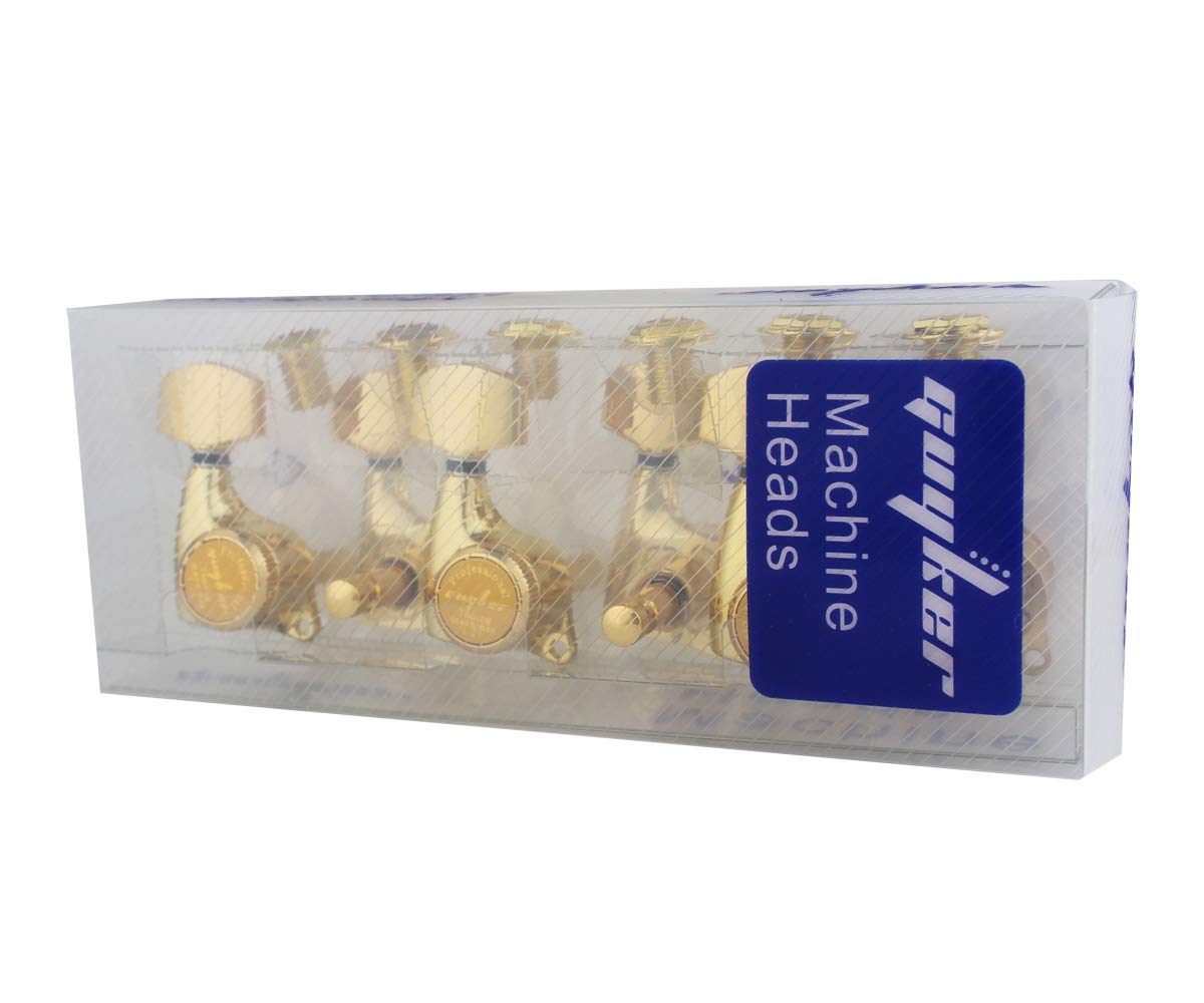 Guyker 6Pcs Guitar Locking Tuners (3L + 3R Handed) – 1:21 Ratio Lock String Tuning Key Pegs Machine Heads with Hexagonal Handle Replacement for LP SG Style Electric, Folk or Acoustic Guitars – Gold
