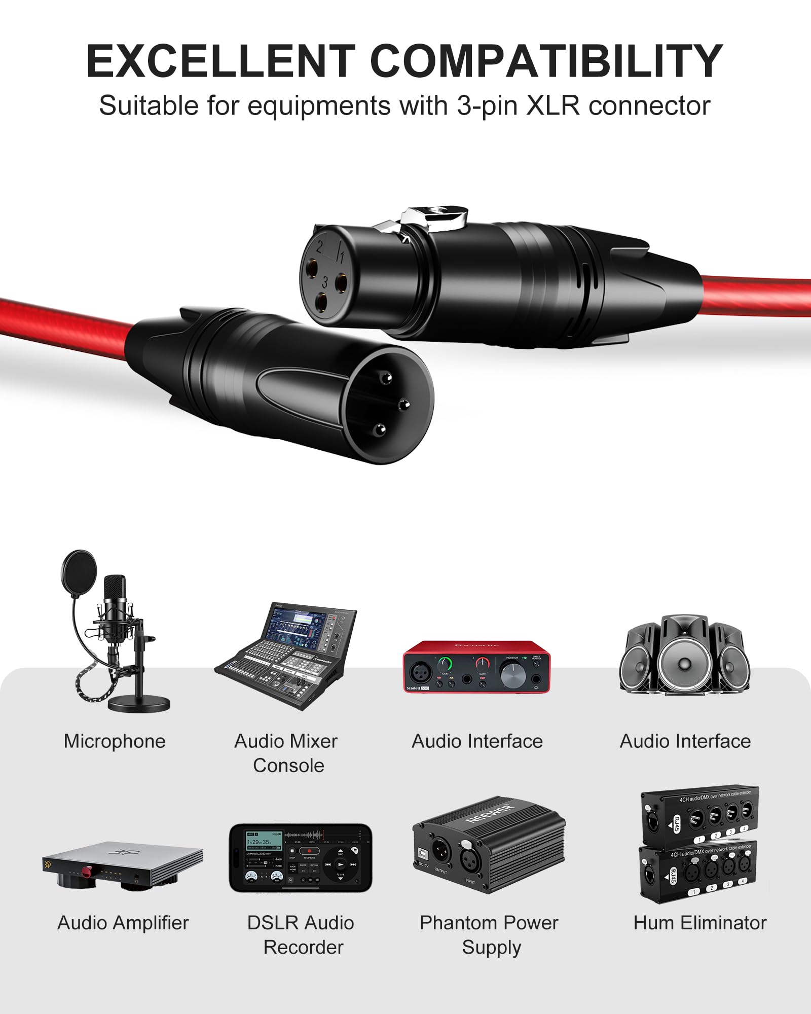 VANDESAIL XLR Cables 3ft Feet 2 Pack Microphone Cable 3 Pin Male to Female Mic Cord for XLR Microphone Powered Speakers Audio Camcorders DSLR Cameras Mixer and Recording Devices Red