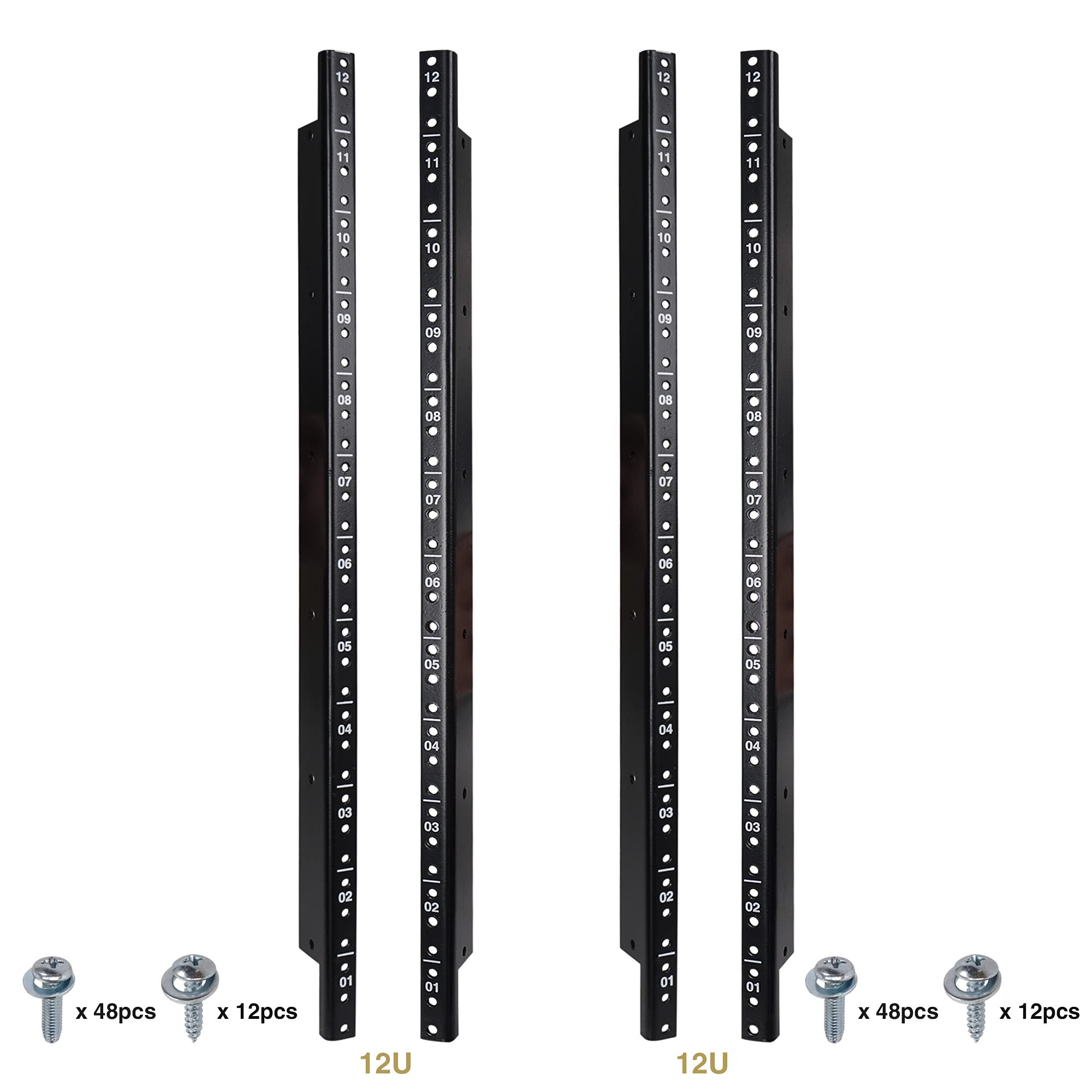 Sound Town 4-Pack 12U Steel Rack Rails, with Black Powder Coated Finish and Screws (ST-RR-12UX2)