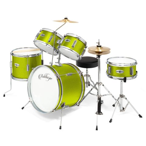 Ashthorpe 5-Piece Complete Kids Drum Set with Genuine Brass Cymbals – Junior Beginner Kit with 16″ Bass, Throne, Hi-Hats, Pedals & Drumsticks – Green
