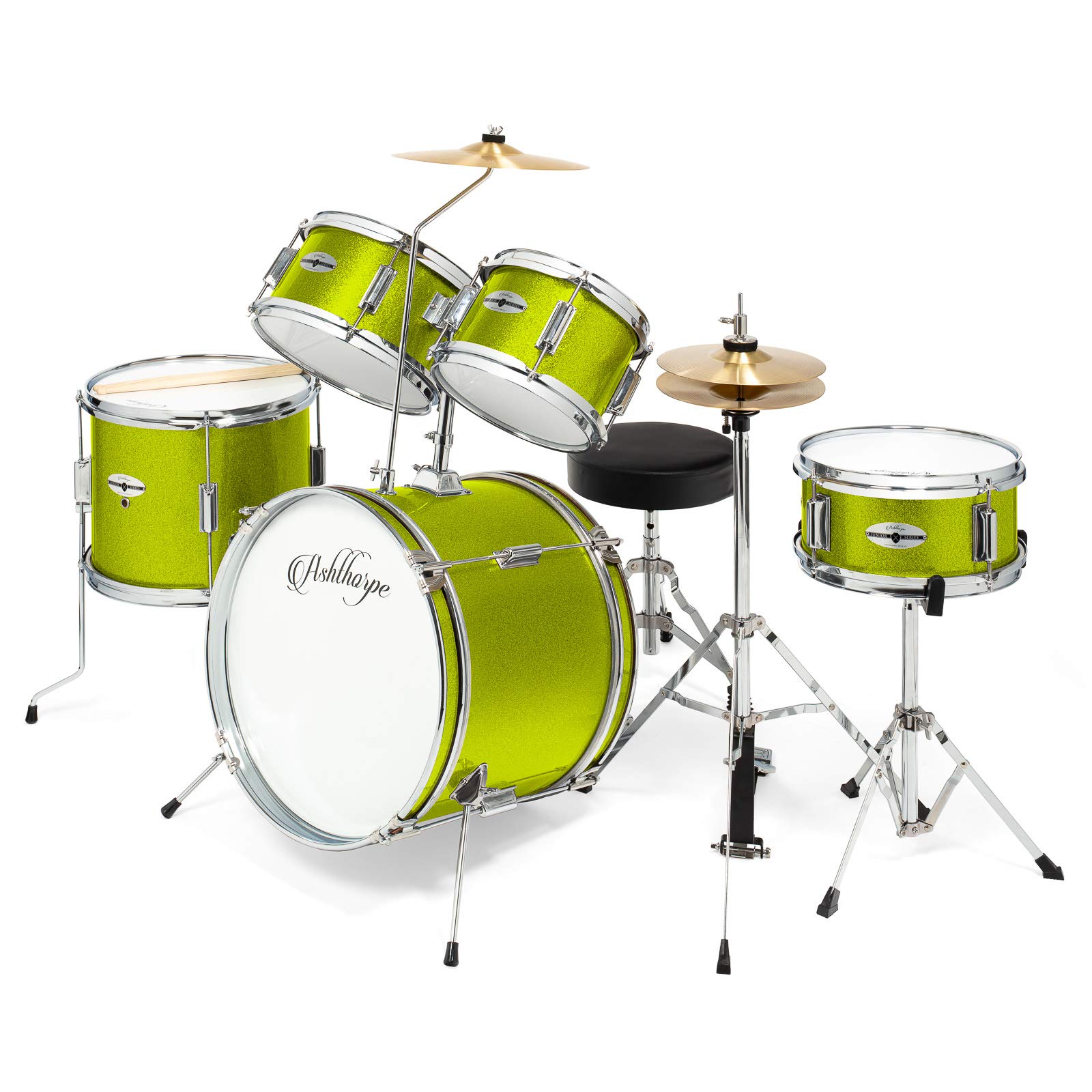 Ashthorpe 5-Piece Complete Kids Drum Set with Genuine Brass Cymbals – Junior Beginner Kit with 16″ Bass, Throne, Hi-Hats, Pedals & Drumsticks – Green