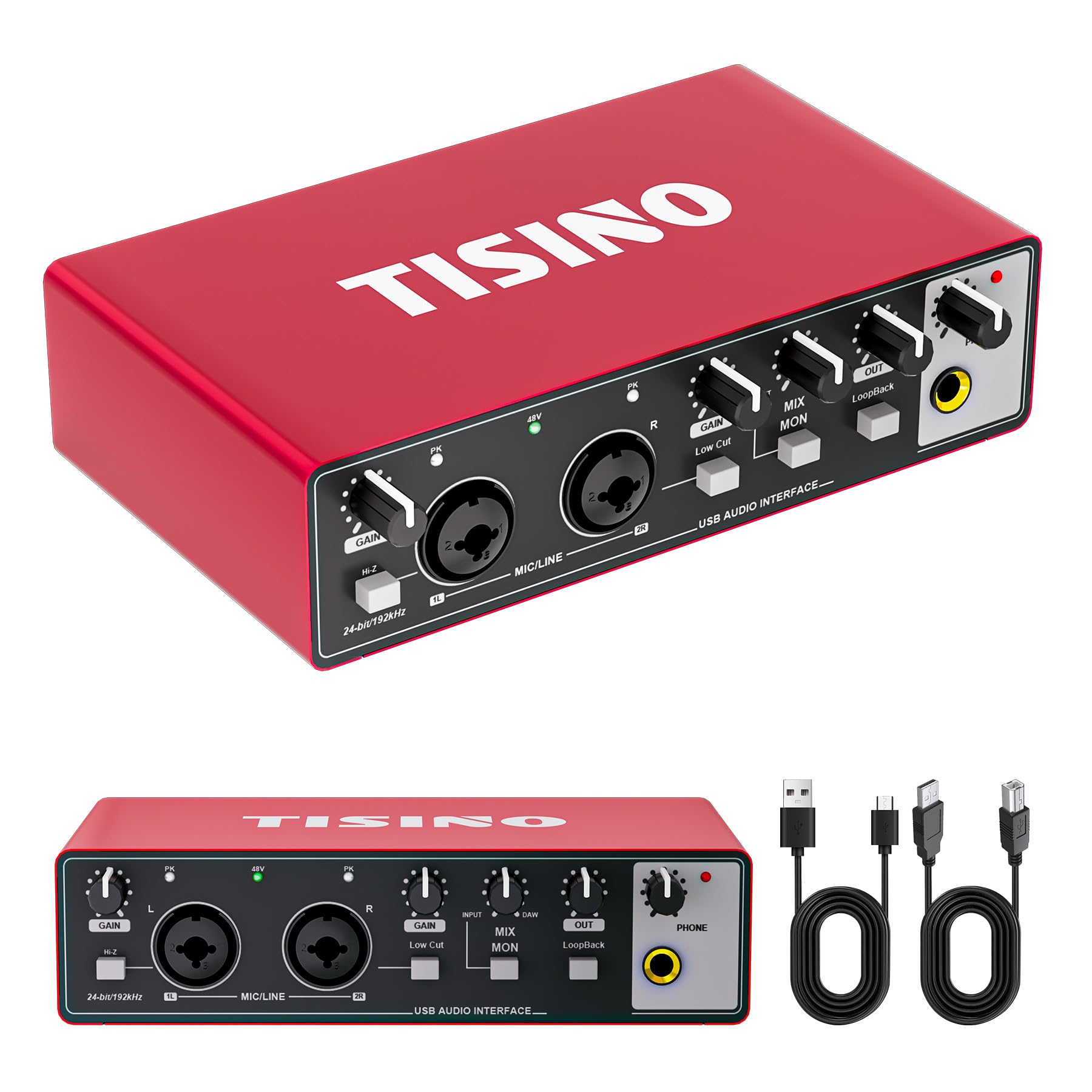 Tisino 24Bit/192kHz USB Audio Interface for Studio Recording, Red