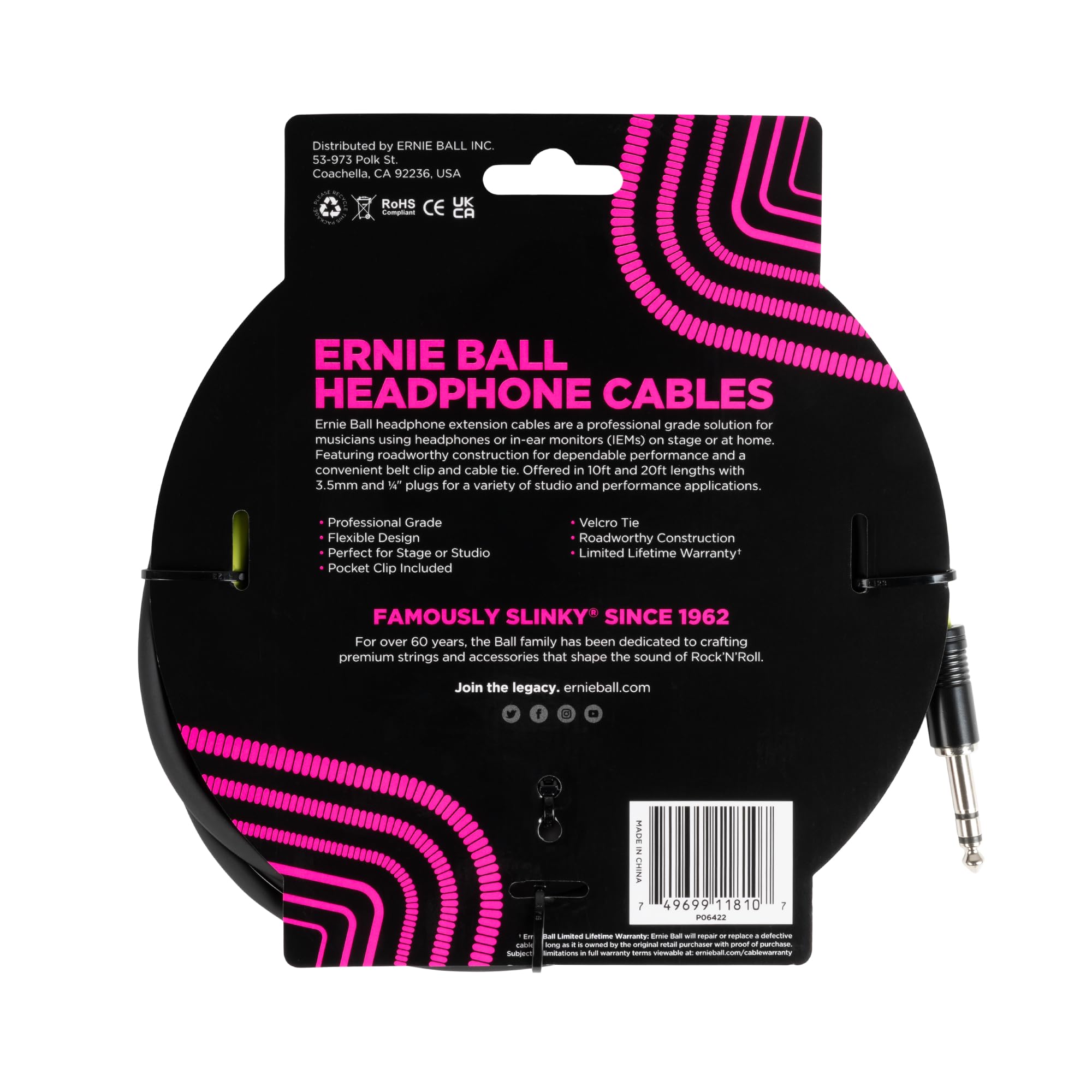 Ernie Ball Headphone Extension Cable 1/4 to 3.5mm 10ft – Black