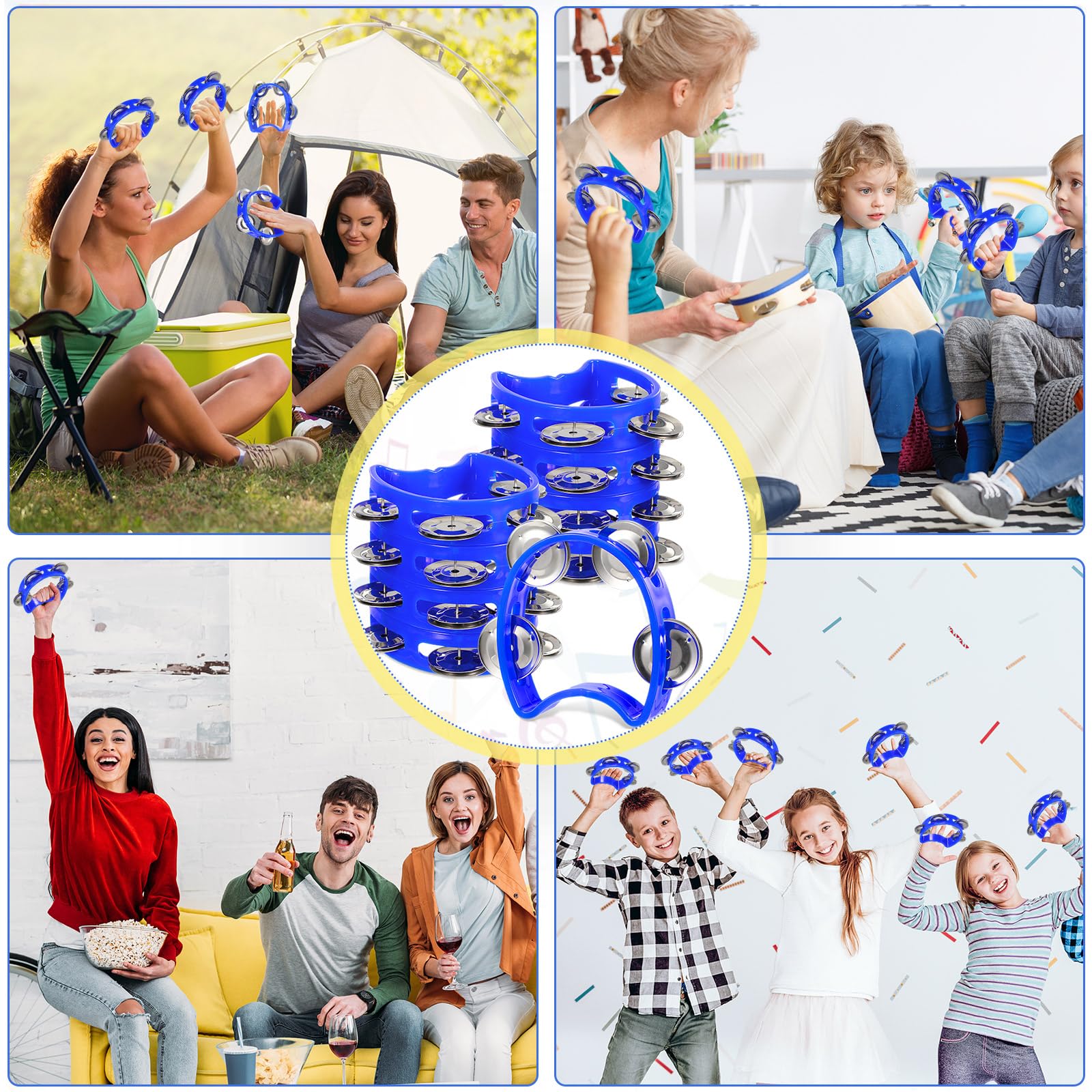 Lukmaa 12 Pcs Plastic Percussion Tambourine with 4 Bells Rhythm Musical Instruments for Adults Hand Tambourine Hand Held Percussion Drum for Party Kindergarten Family School Supplies (Blue)