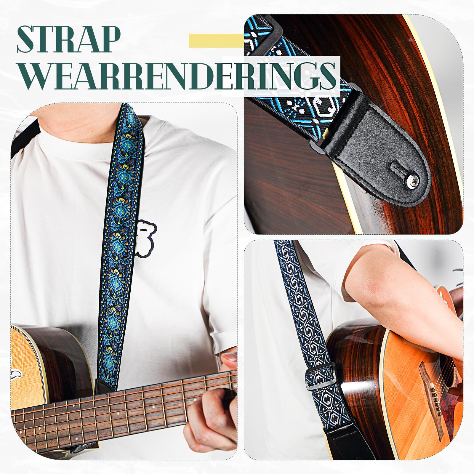 Fiada 4 Pcs Guitar Straps Electric Bass Acoustic Cotton Guitar Straps Adjustable for Musical Instrument Gift(Blue, Red,Flower Style)