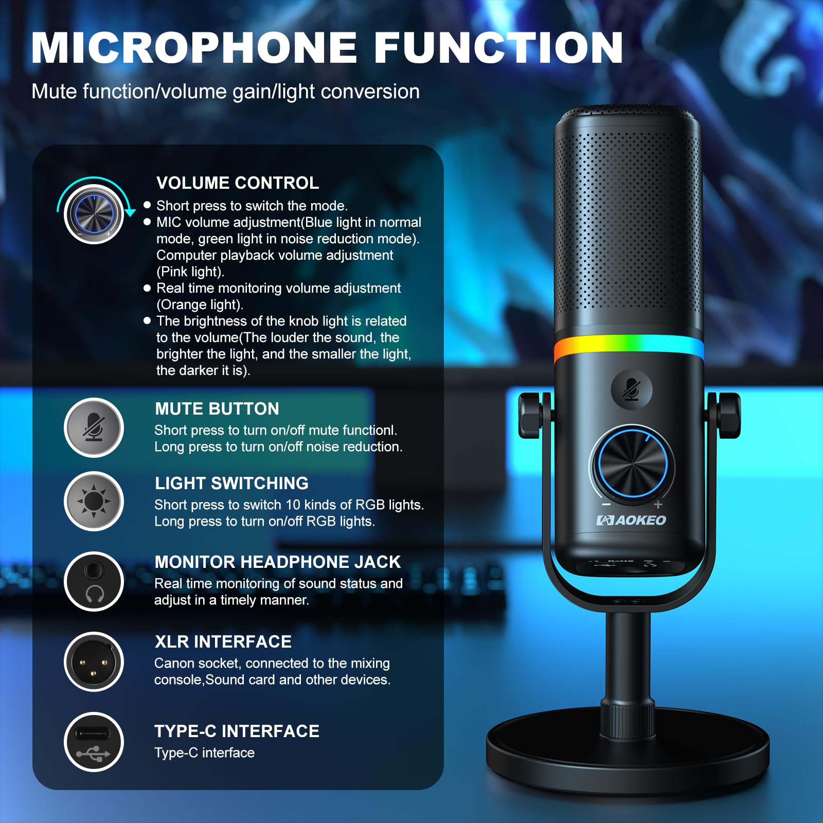 Aokeo Microphone for PC, AK-10 USB/XLR Dynamic Desktop Microphone for Gaming,Podcast,Streaming with RGB Light,Volume Control,Mute Button,Noise Reduction