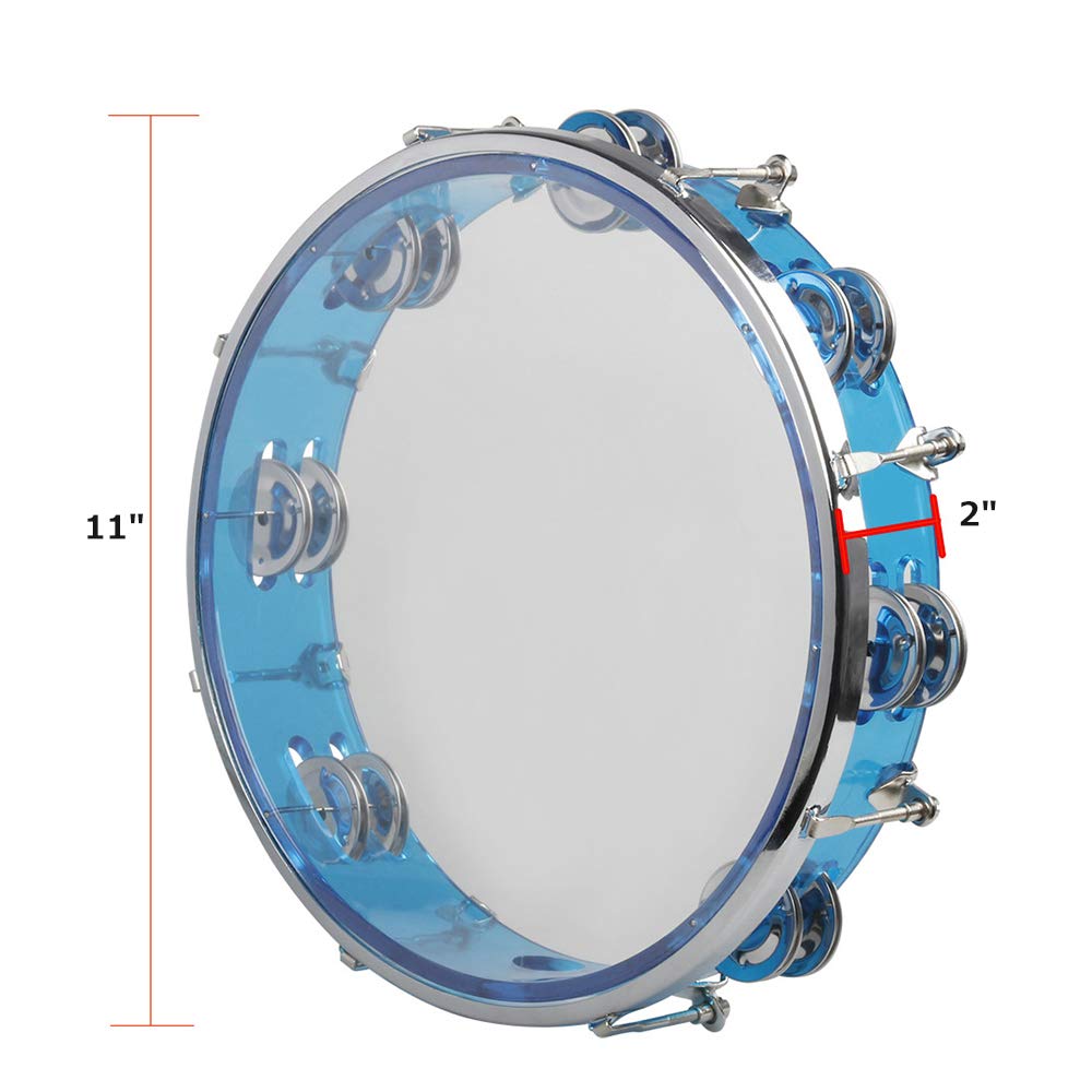 ENNBOM Tambourine Adjustable Tone Hand Drum Double Row Metal Jingles Hand Bell Performance Level Handheld Percussion (Blue)