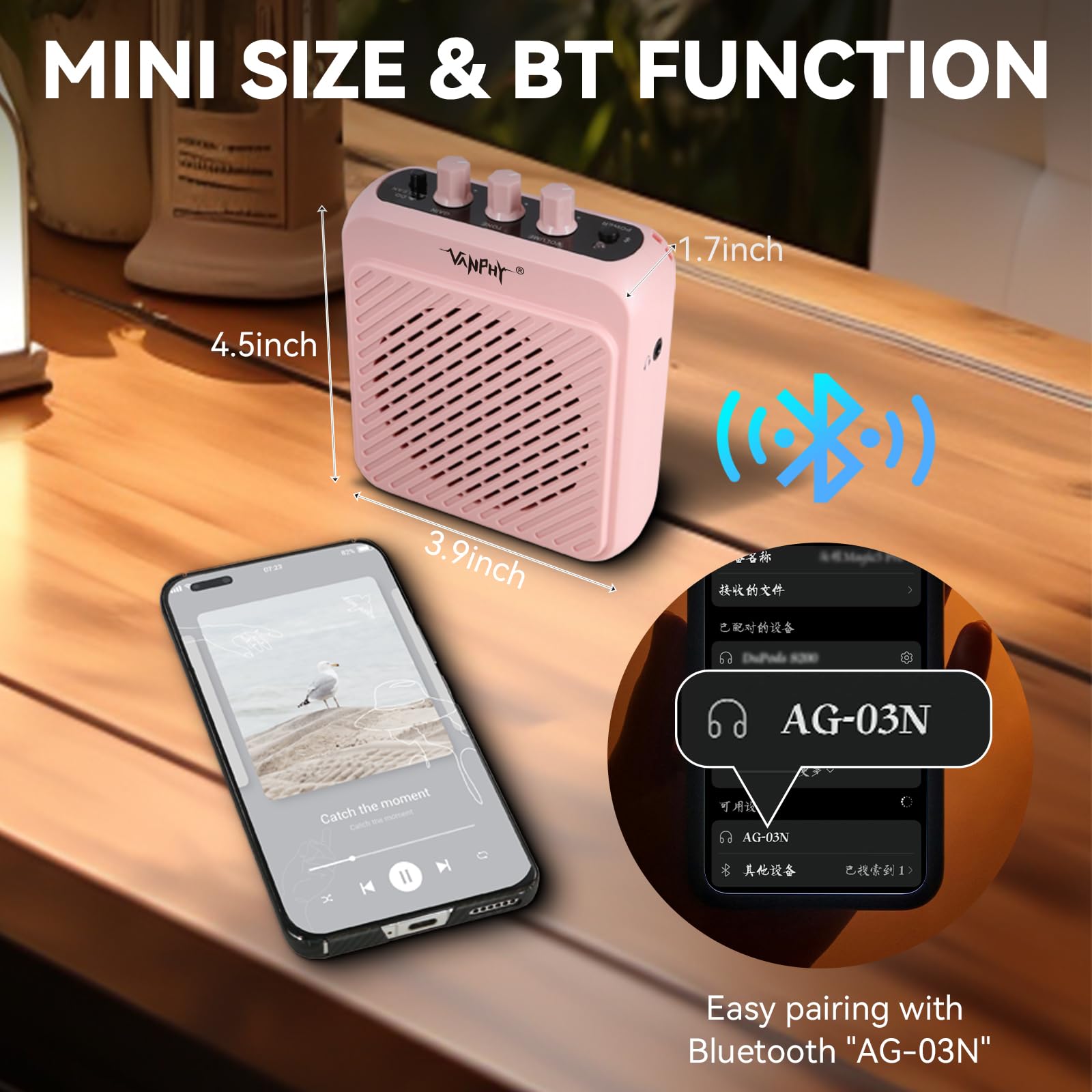 VANPHY Mini Electric Guitar Amplifier 3W Rechargeable Bluetooth Guitar Amp with Clean Overdrive Channel 5H Working Portable Small Amp for Indoor Practice and Traveling AG-03N Pink