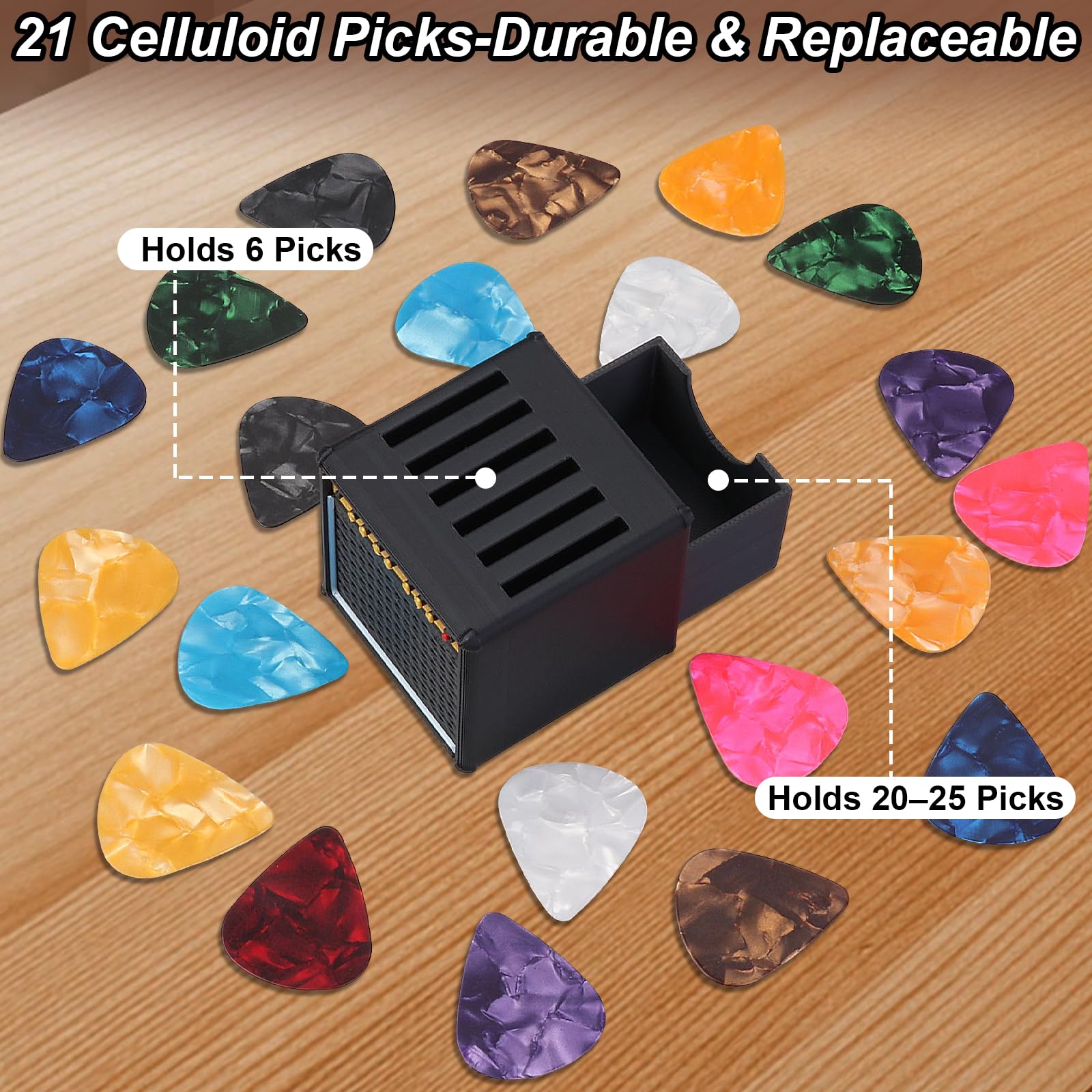 Dexspoeny 22Pcs Guitar Picks Holder Box, Vintage Amp Guitar Pick Holder with 21 Celluloid Guitar Picks, 3D Printed Retro Pick Storage Box & Display Stand for Guitarists and Music Enthusiasts