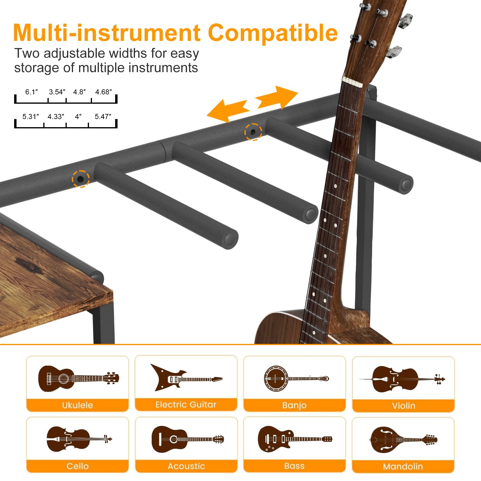 NEYCIL Guitar Stand for 4 Guitars, Adjustable Multiple Guitars Rack with Soft-Padded Protector for Acoustic, Electric, Bass & Ukulele, Guitar Display Stand with 3-tier Shelves for Amp & Vinyl Records