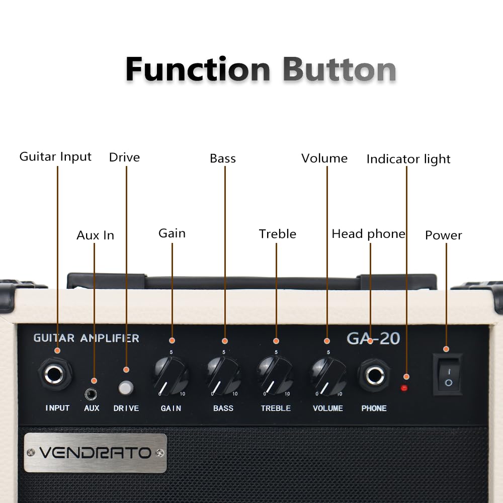 Electric Guitar Amplifier 20w amp Cream White Color gain bass Treble 3.5mm aux in Drive 6.5mm Guitar Input Headphone Portable for Beginner Starter Practice Travel amp noiseless Cable Pick and Adapter