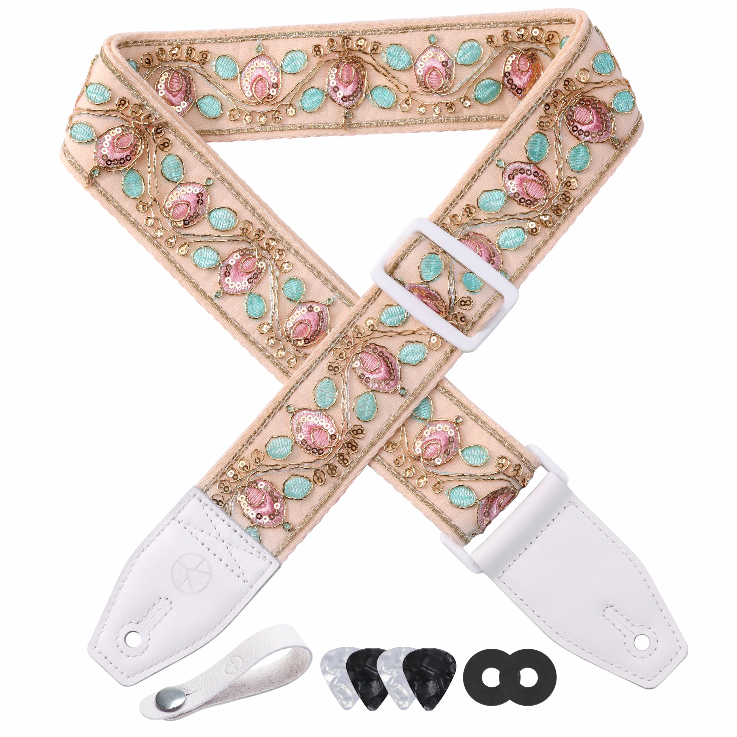 YIKOKO Guitar Strap 2 inch Lace Embroidered Floral Guitar Straps with Full Grain Leather End, for Bass, Electric and Acoustic Guitars, Free Button, Locks and Picks