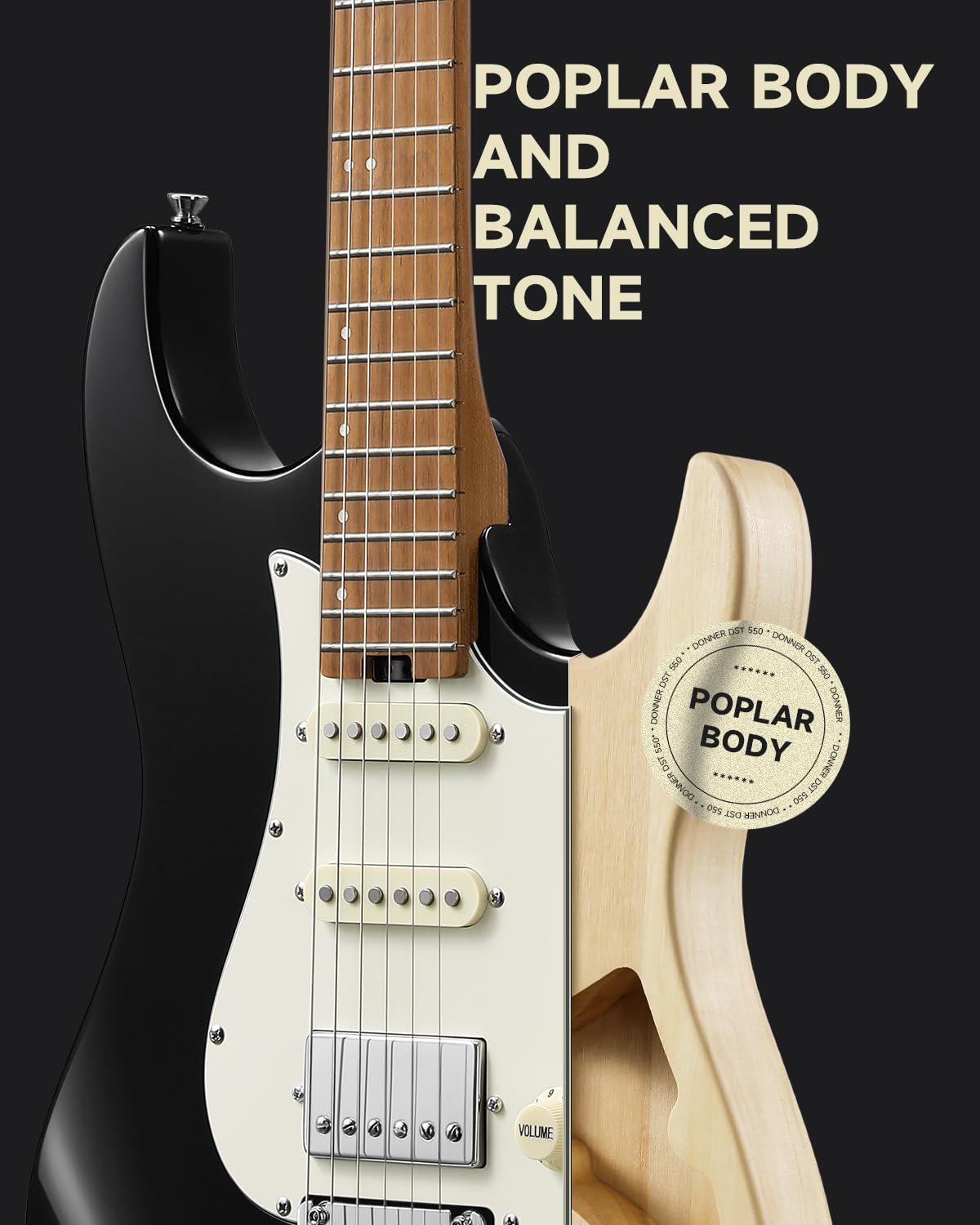 Donner 39 Inch Electric Guitar, DST-550 Solid Double-cut Poplar Body Electric Guitar for Intermediate & Pro Players, 7 Tone-switching Options & Tremolo Bridge, Bonus Bag- Black