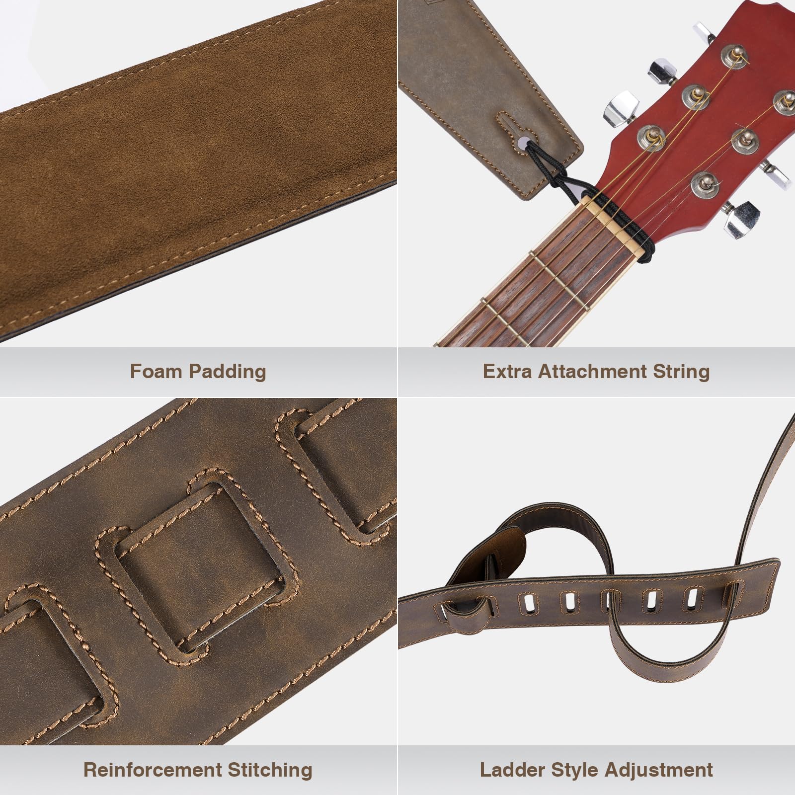 POGOLAB Leather Guitar Strap, 3 inch Wide Comfortable Foam Cushion Padded Bass Strap, Adjustable Length from 51″ to 57″, with Strap Locks & Picks, for Bass/Electric/Acoustic Guitar (Brown)
