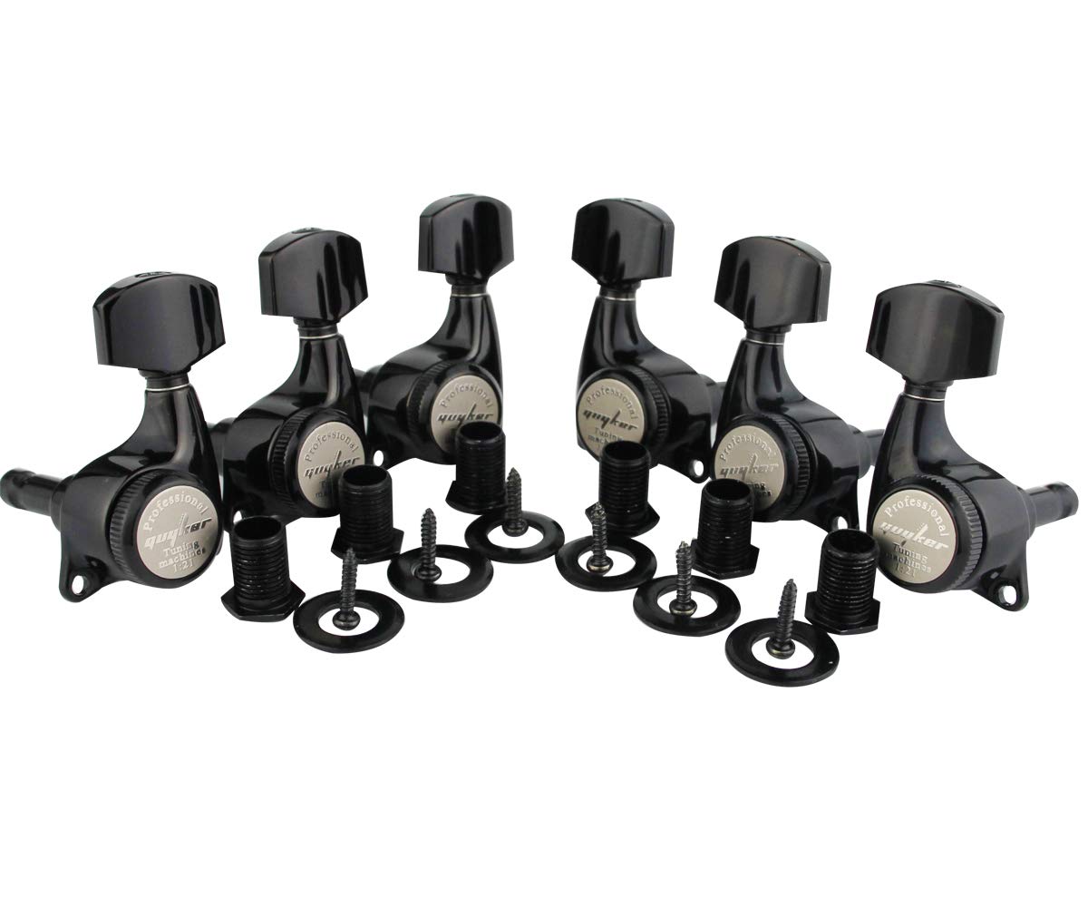 Guyker 6Pcs Guitar Locking Tuners (3L + 3R Handed) – 1:21 Ratio Lock String Tuning Key Pegs Machine Heads with Hexagonal Handle Replacement for LP SG Style Electric, Folk or Acoustic Guitars – Black
