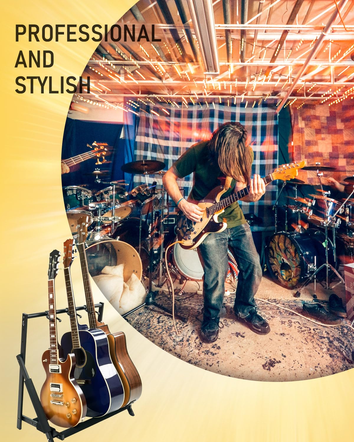 Stage Rocker Multi Guitar Stand, Foldable 3 Holder Rack with Adjustable Height & Width, Easy Assembly & Storage, Reliable Soft Foam Padding to Protect Acoustic or Electric Guitars & Basses, Black.