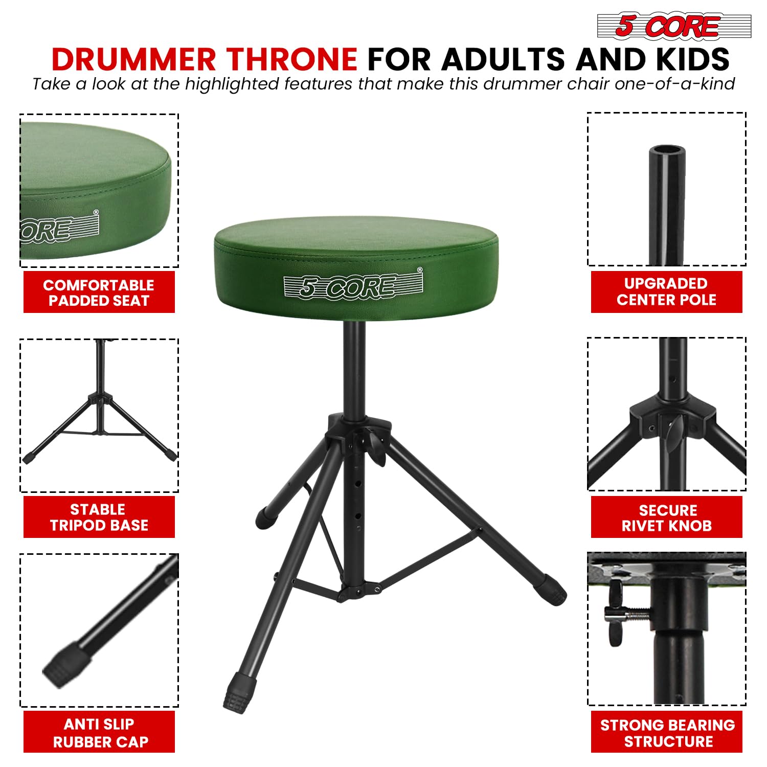 5 CORE Drum Throne Padded 3″ Seat Adjustable Drumming Stool Deep Green