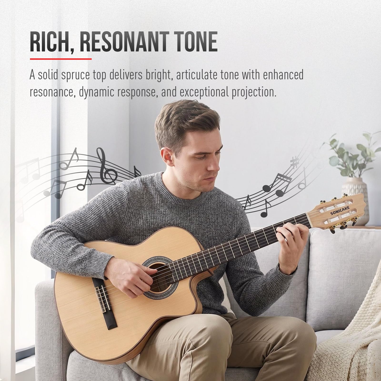 SONICAKE 39″ Acoustic Electric Crossover Guitar, Nylon String, Natural